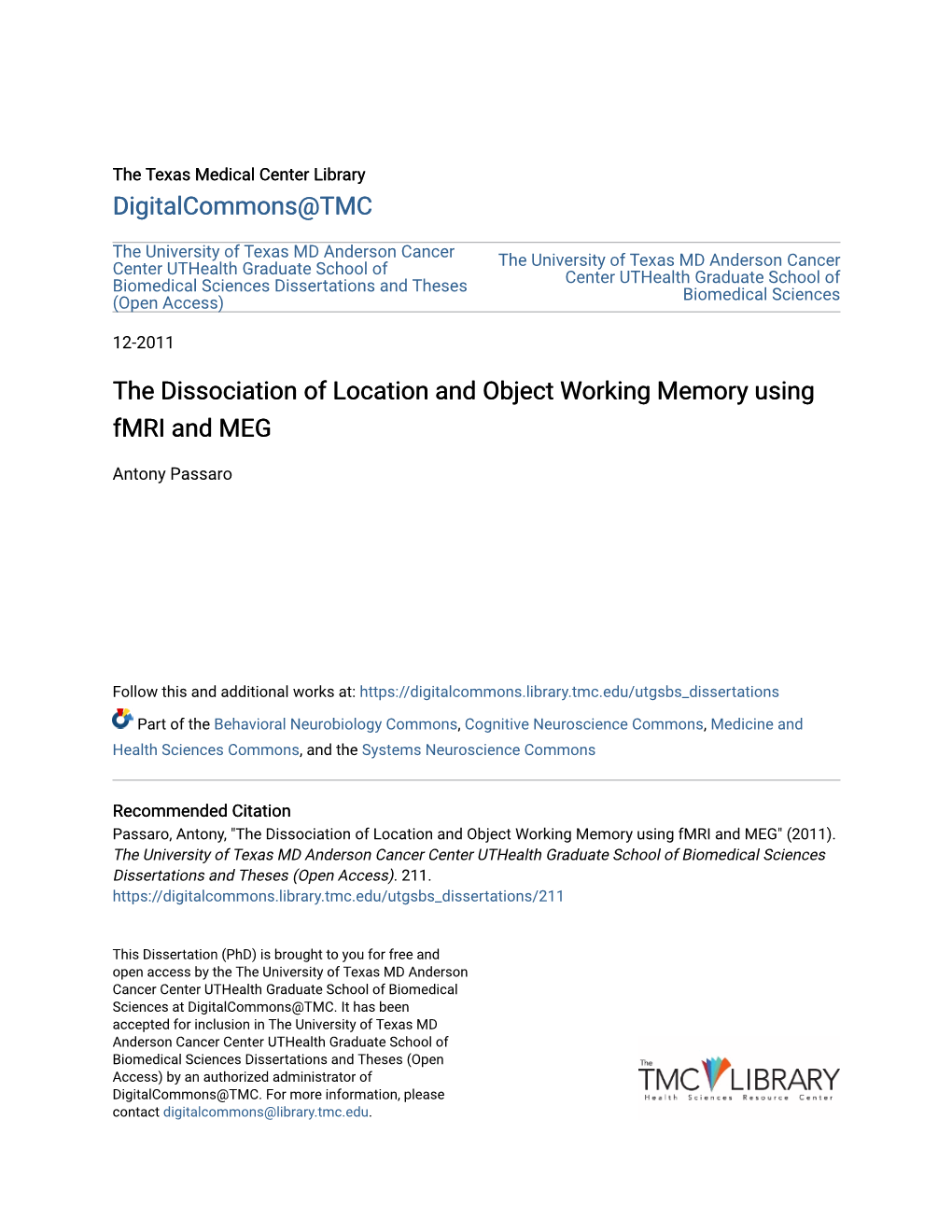 The Dissociation of Location and Object Working Memory Using Fmri and MEG