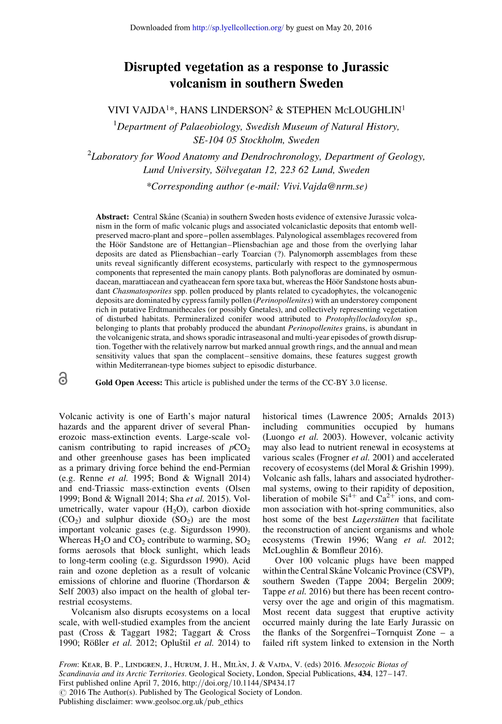 Disrupted Vegetation As a Response to Jurassic Volcanism in Southern Sweden