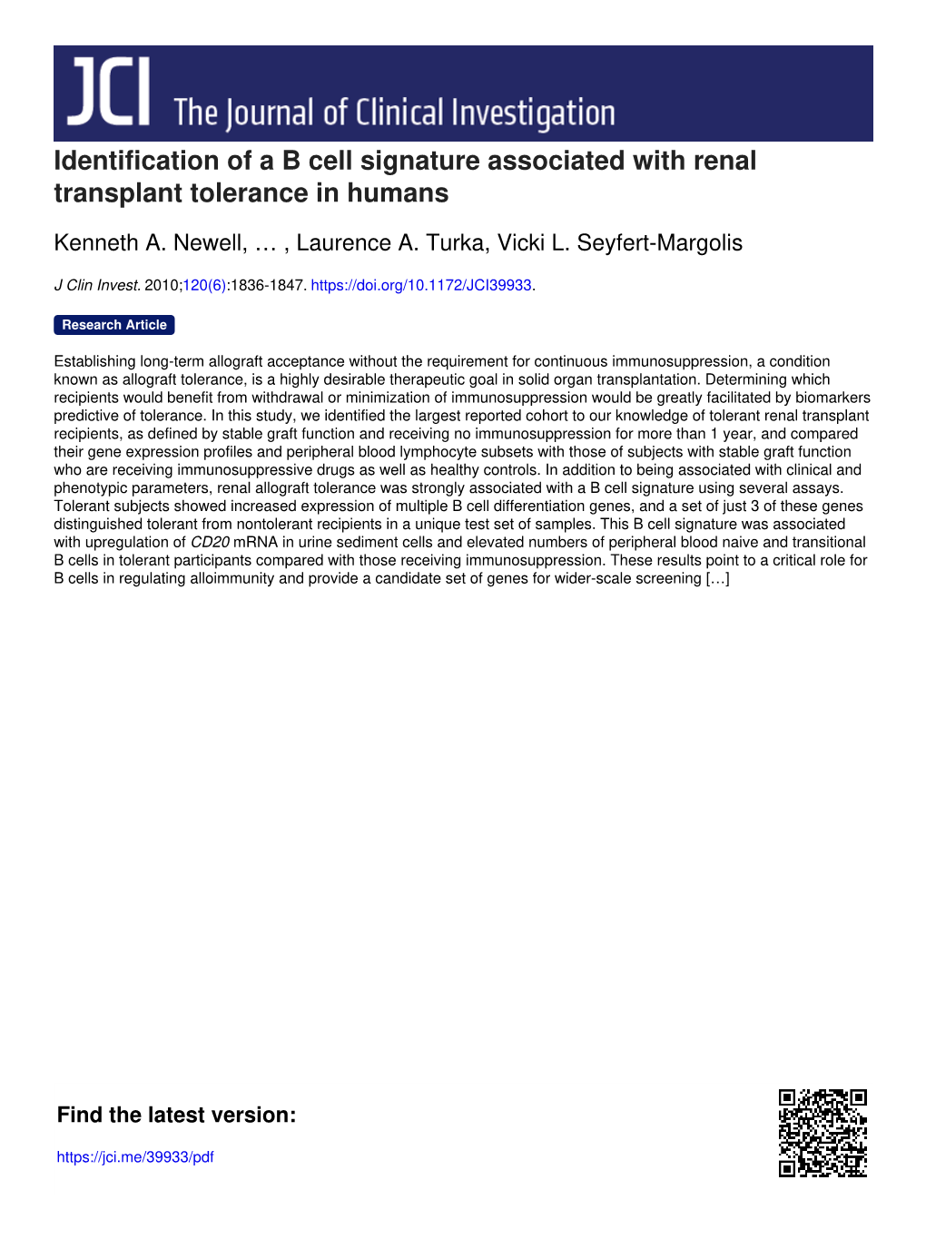 Identification of a B Cell Signature Associated with Renal Transplant Tolerance in Humans