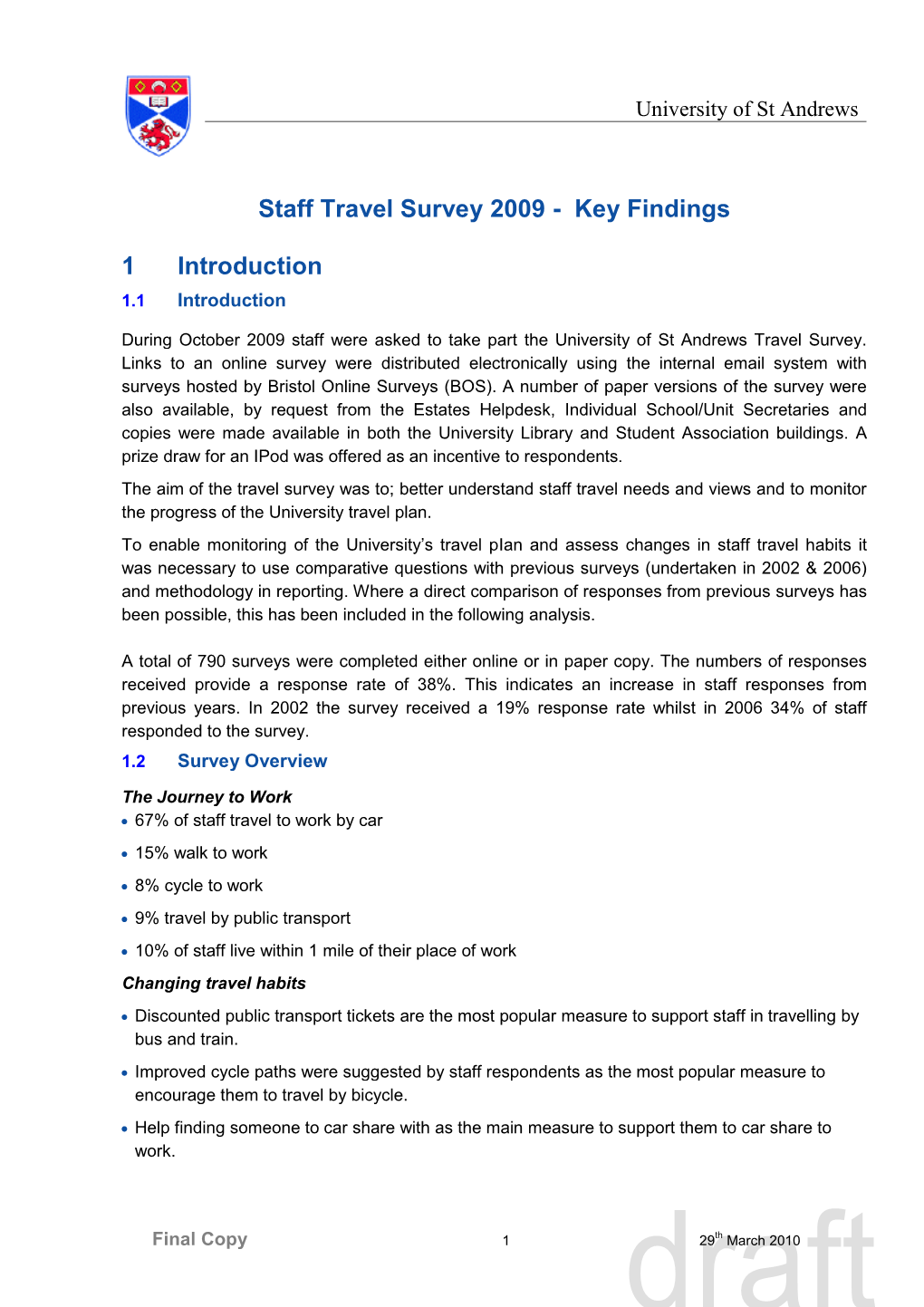 Staff Travel Survey 2009 - Key Findings