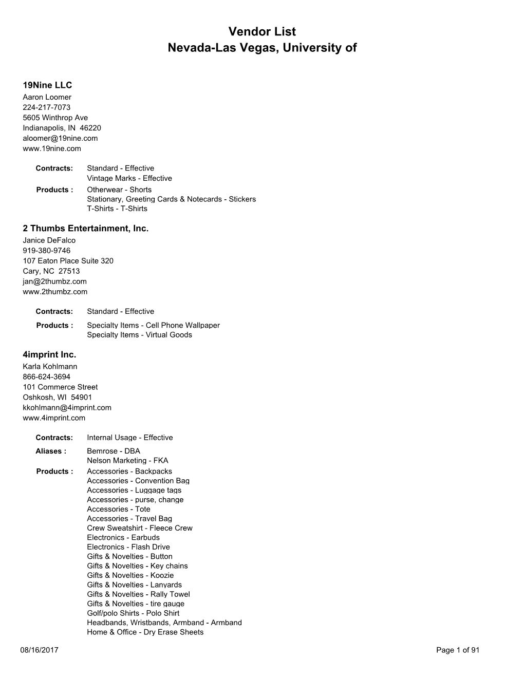 Vendor List Nevada-Las Vegas, University Of