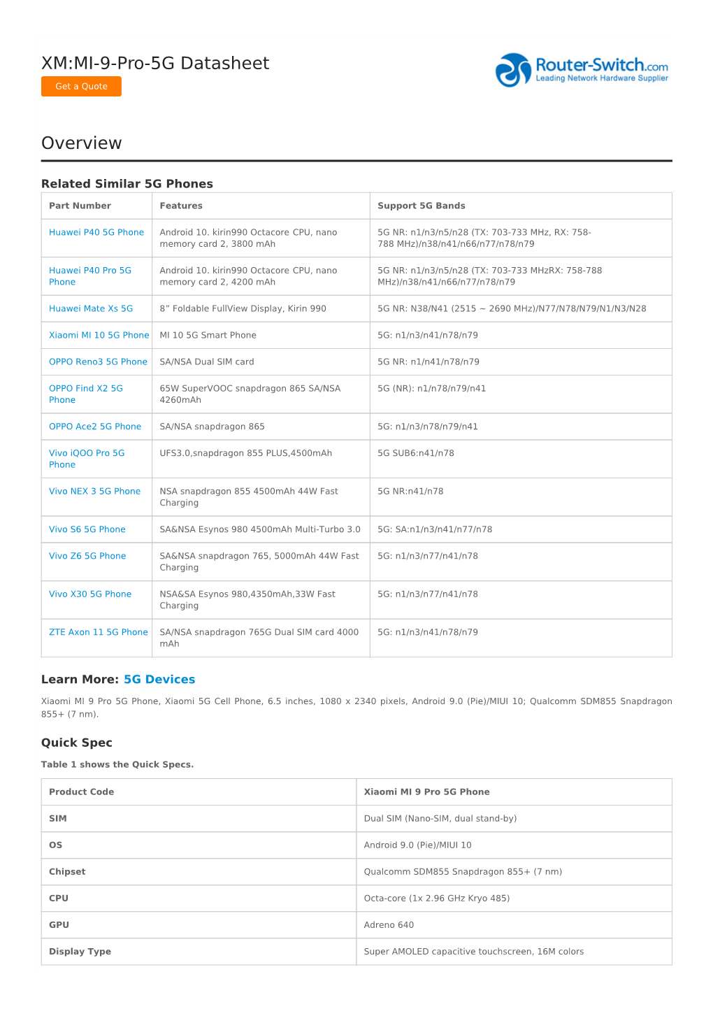 XM:MI-9-Pro-5G Datasheet Overview