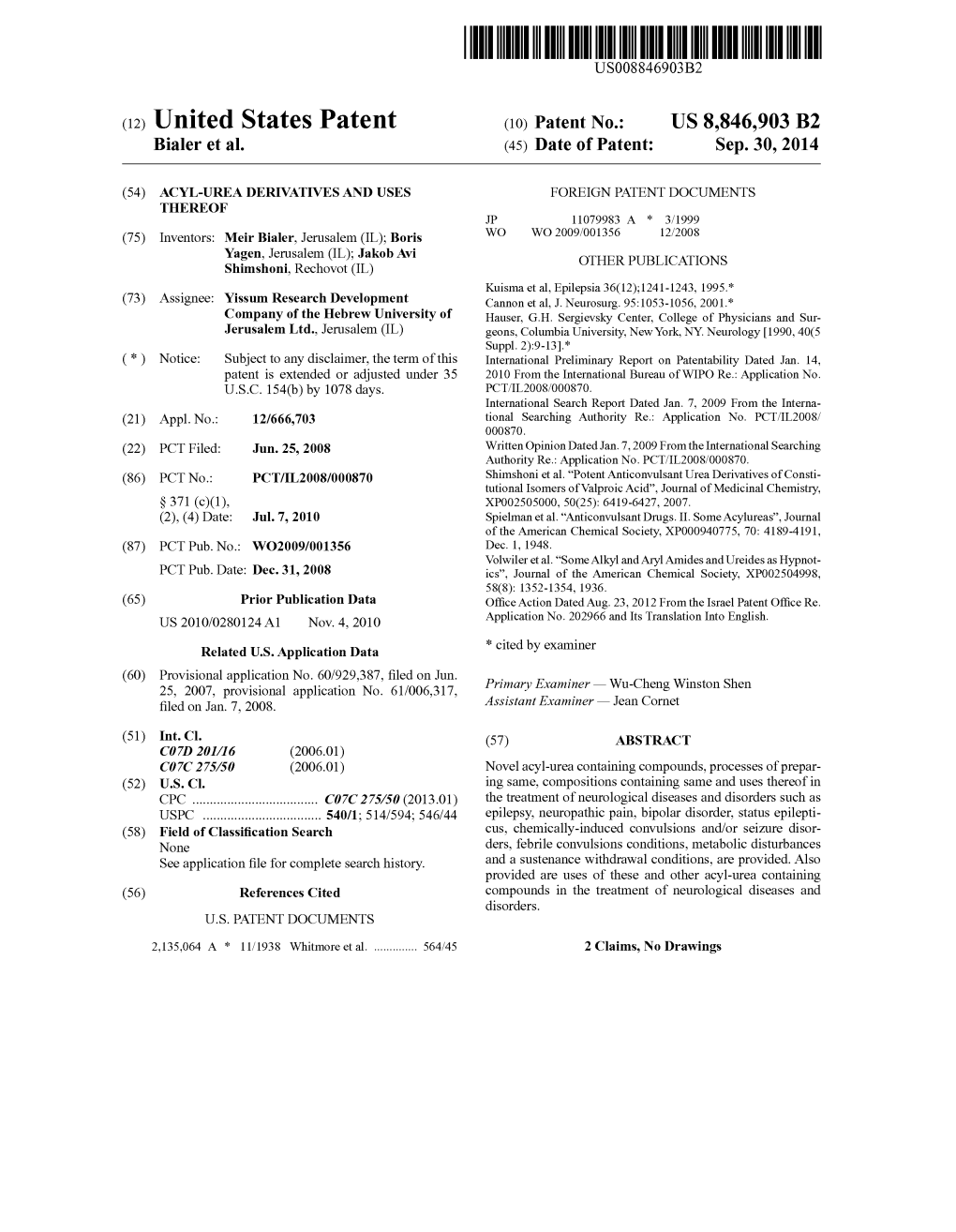 (12) United States Patent (10) Patent No.: US 8,846,903 B2 Bialer Et Al