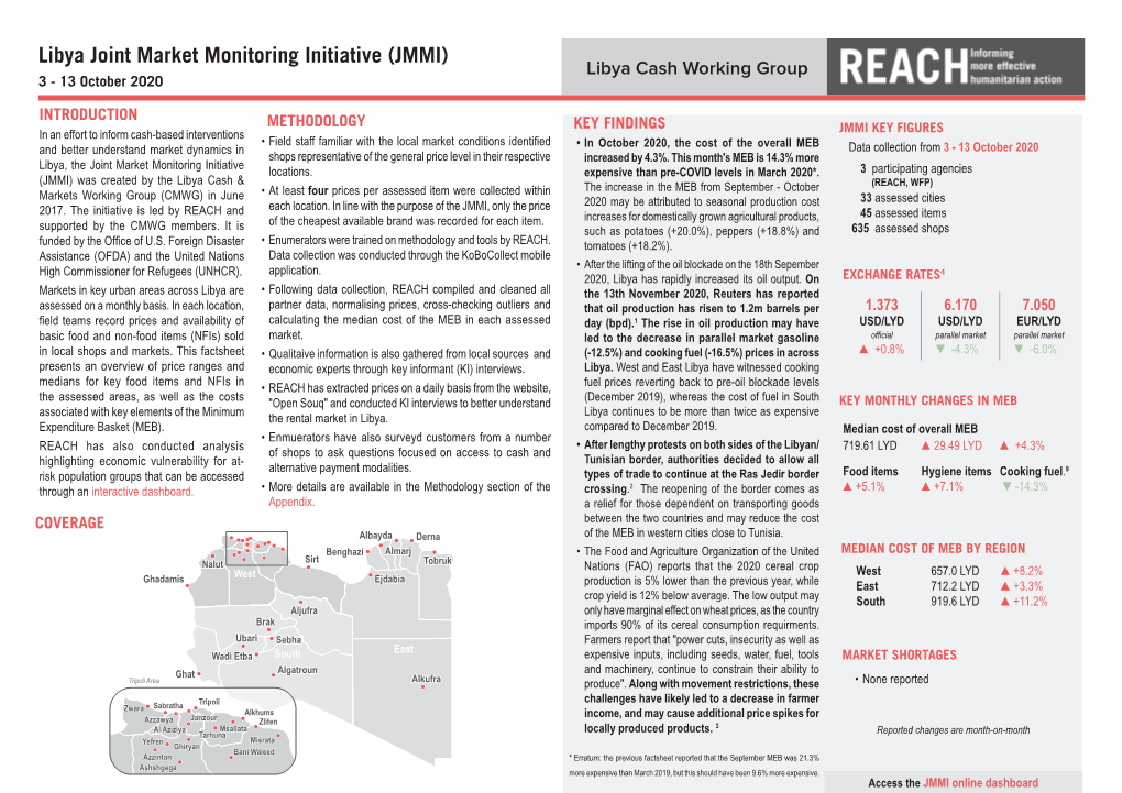 Libya Joint Market Monitoring Initiative (JMMI) Libya Cash Working Group 3 - 13 October 2020