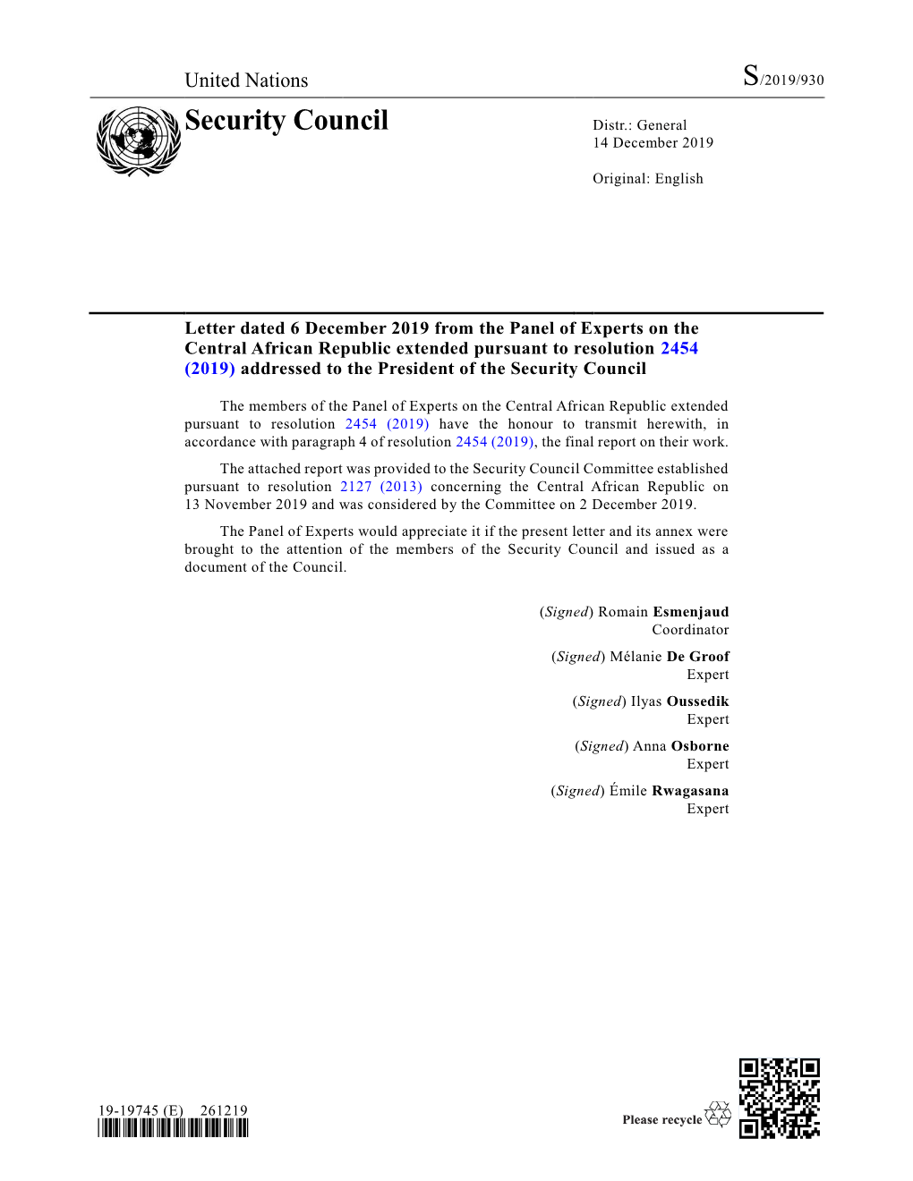 Security Council Distr.: General 14 December 2019