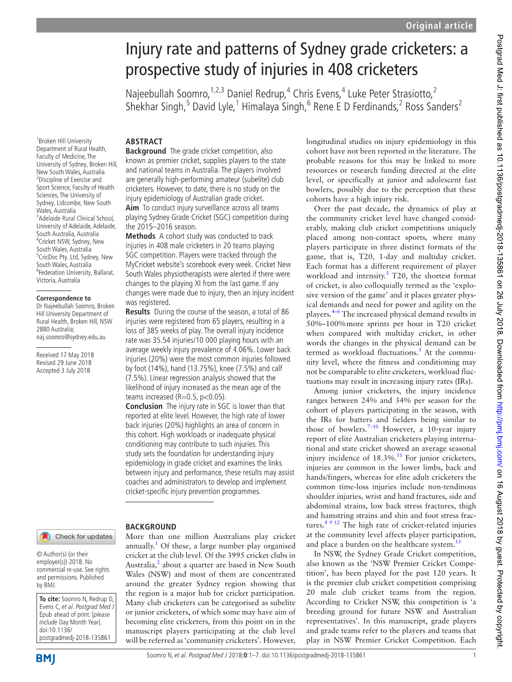 Injury Rate and Patterns of Sydney Grade Cricketers