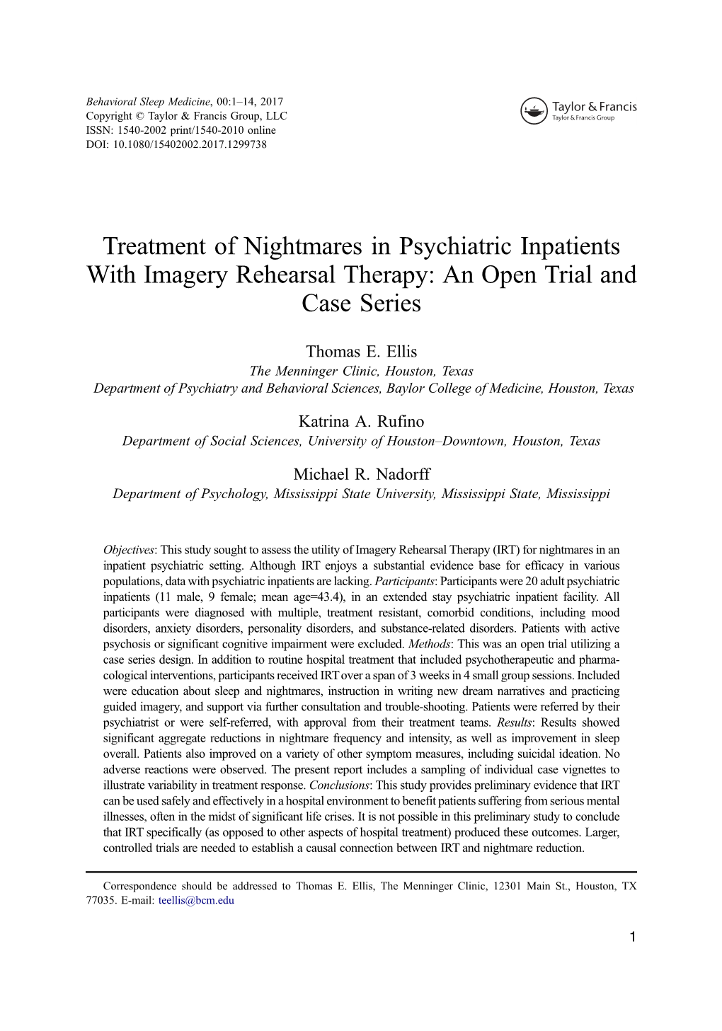 Treatment of Nightmares in Psychiatric Inpatients with Imagery Rehearsal Therapy: an Open Trial and Case Series