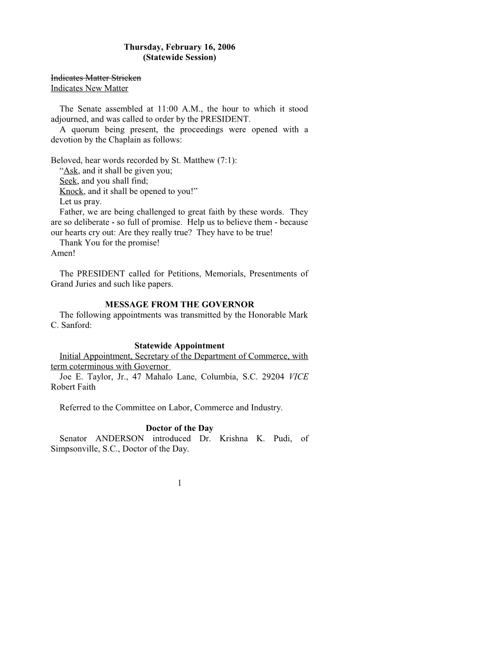 Senate Journal for Feb. 16, 2006 - South Carolina Legislature Online