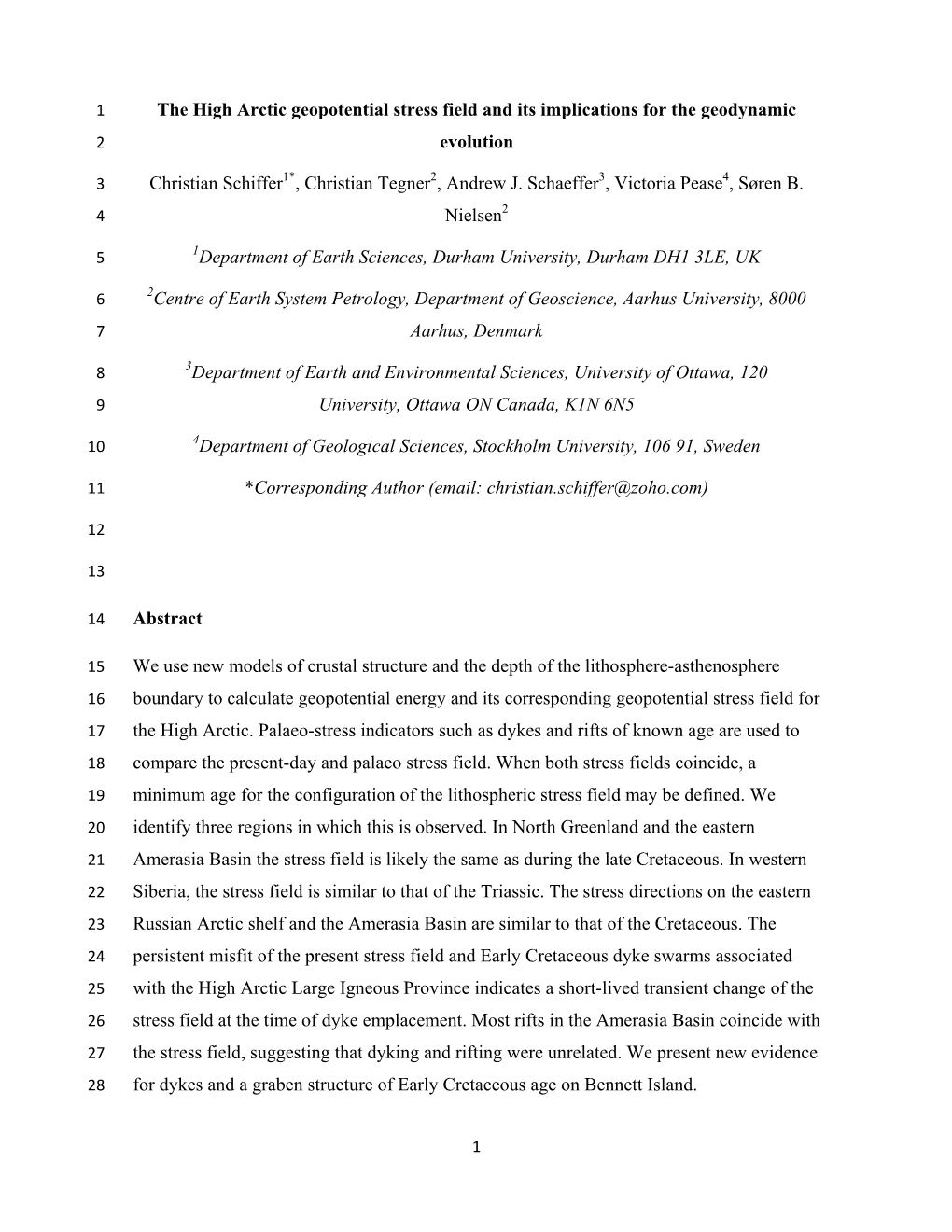 The High Arctic Geopotential Stress Field and Its Implications for the Geodynamic 2 Evolution