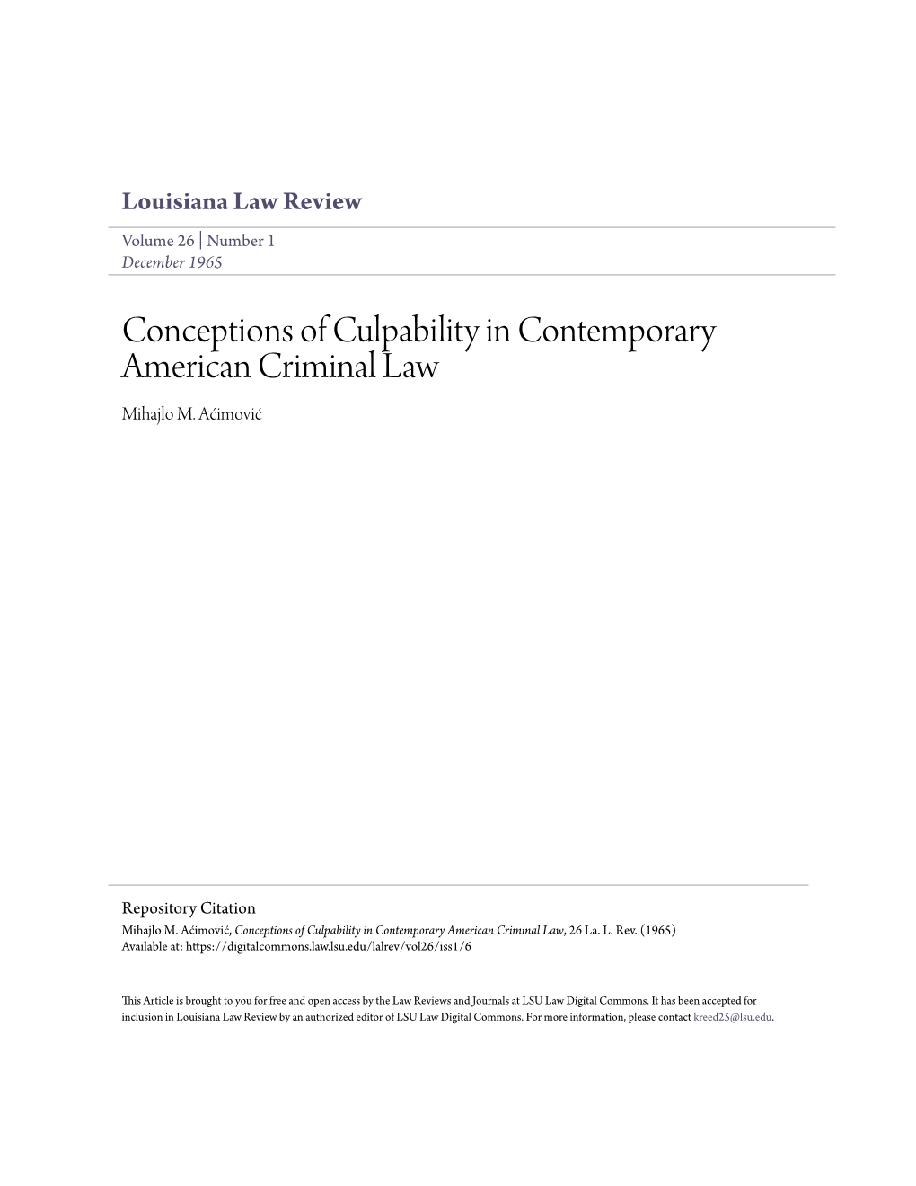 Conceptions of Culpability in Contemporary American Criminal Law Mihajlo M