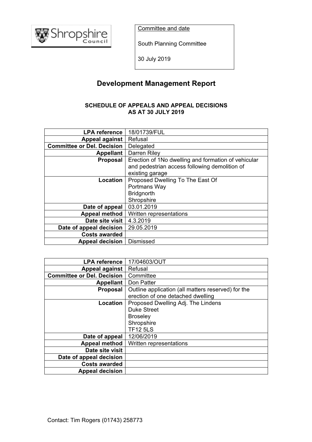 Schedule of Appeals and Appeal Decisions As at 08/09