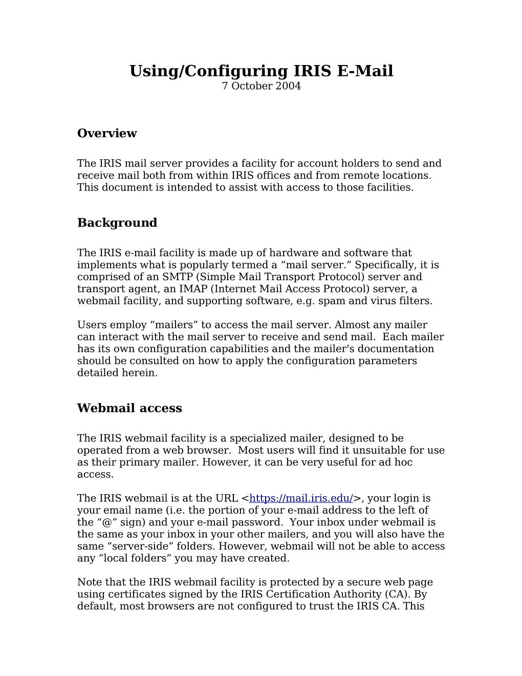Using/Configuring IRIS E-Mail 7 October 2004