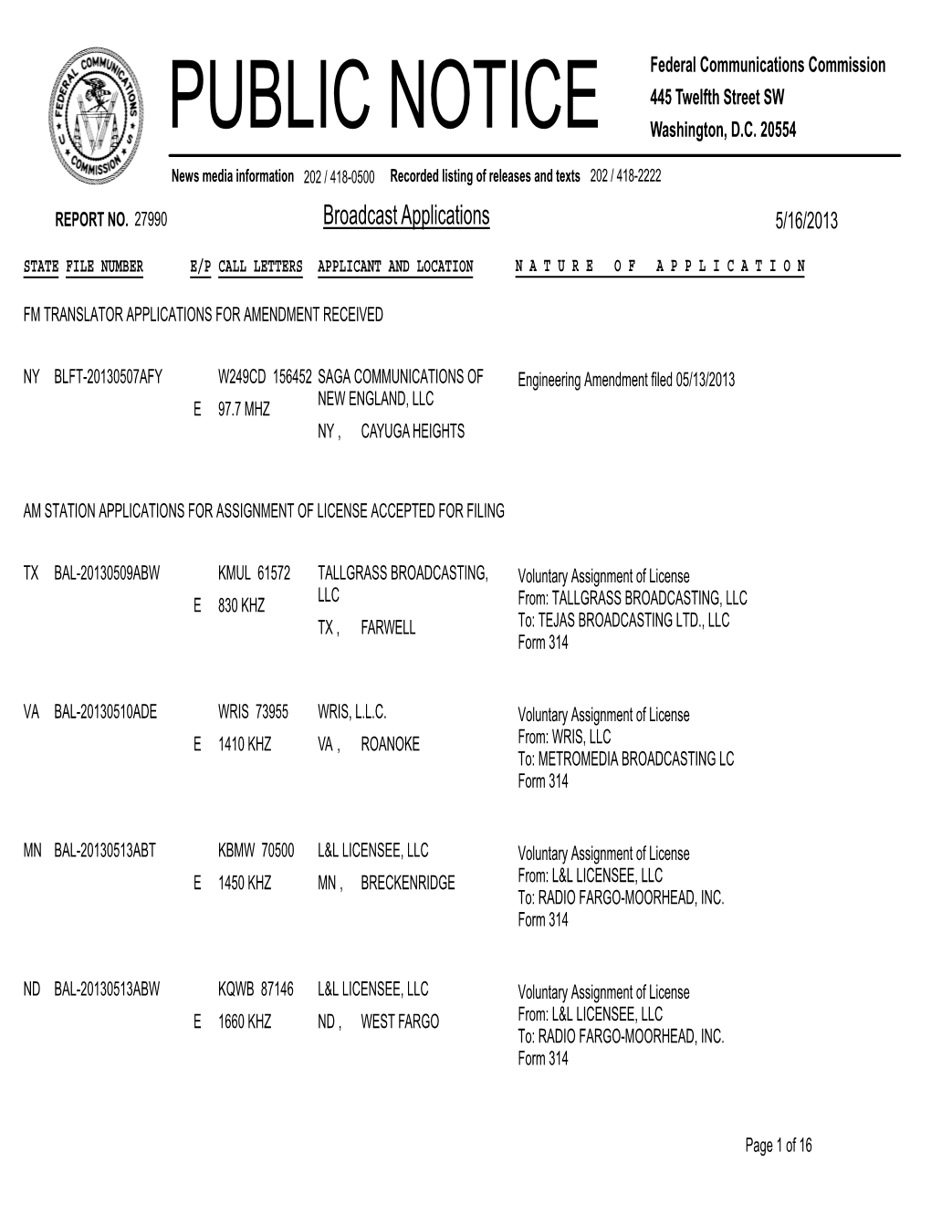 Broadcast Applications 5/16/2013