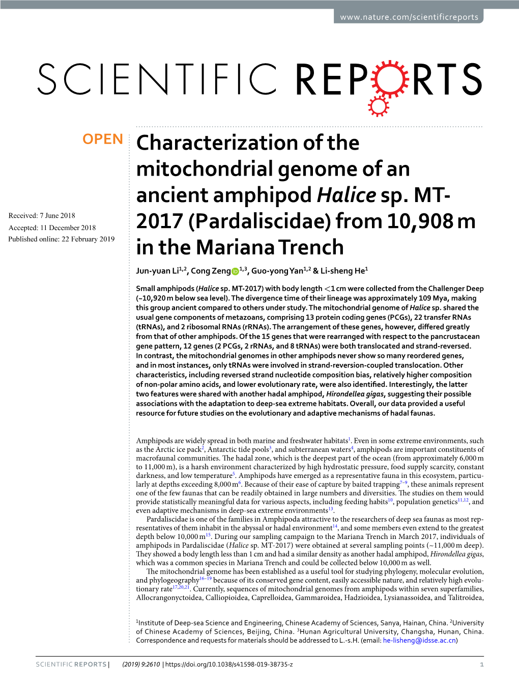 Characterization of the Mitochondrial Genome of an Ancient Amphipod Halice Sp