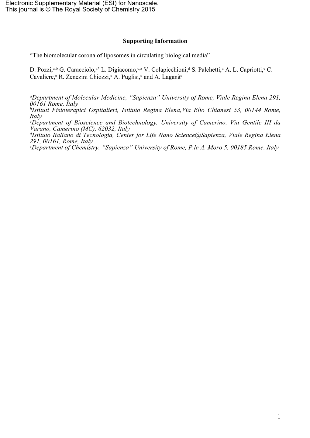 The Biomolecular Corona of Liposomes in Circulating Biological Media”