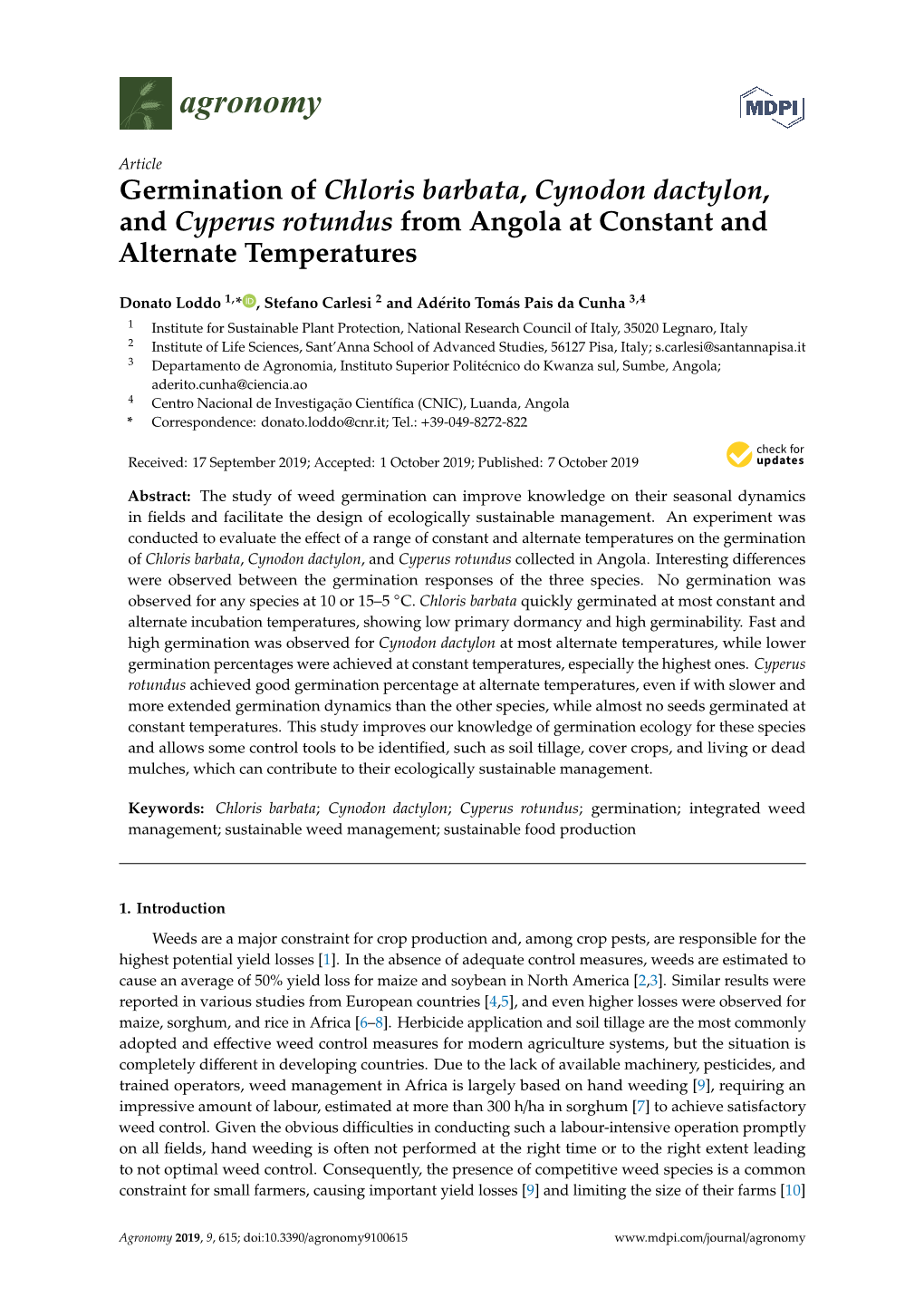 Germination of Chloris Barbata, Cynodon Dactylon, and Cyperus Rotundus from Angola at Constant and Alternate Temperatures