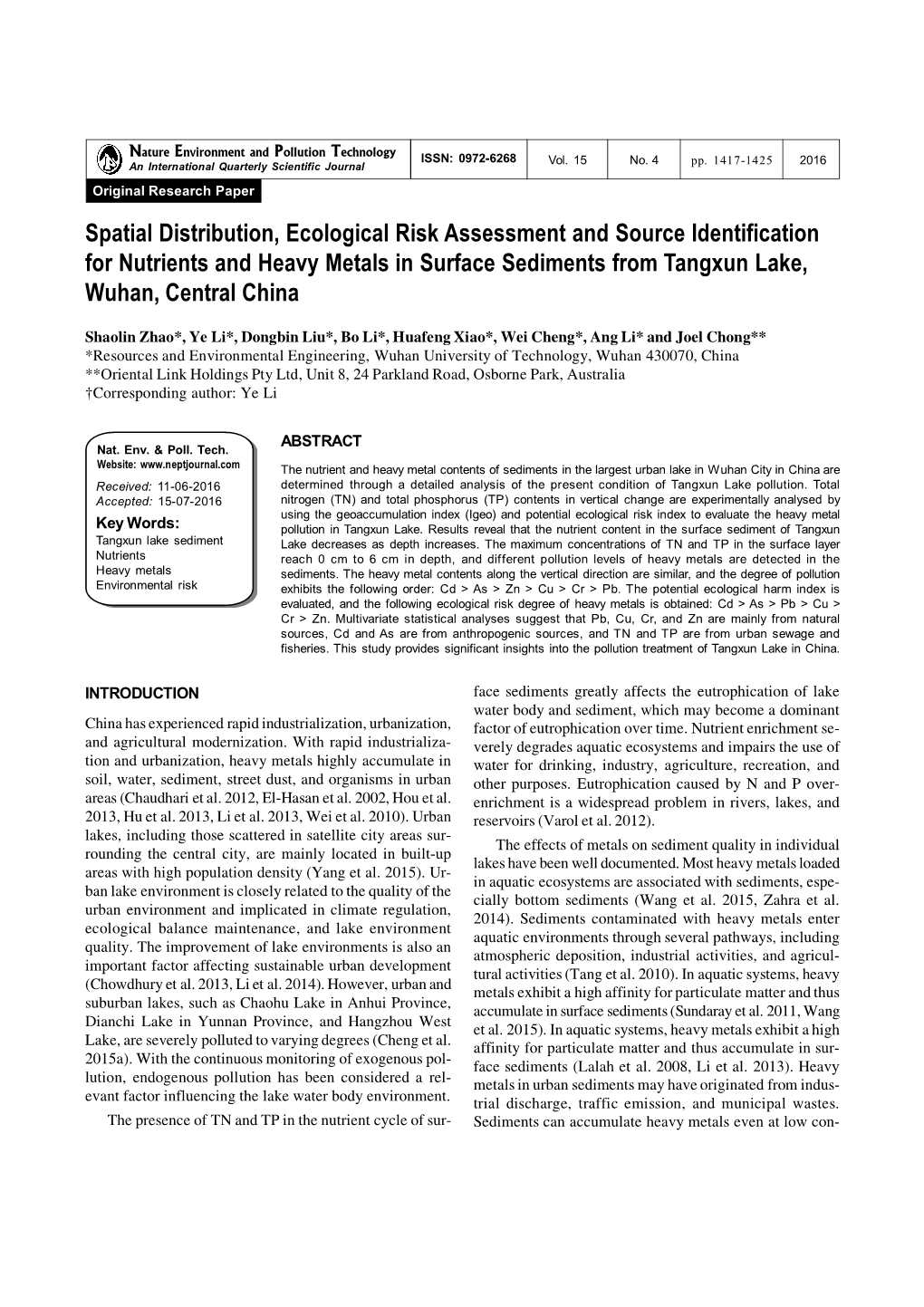 Spatial Distribution, Ecological Risk Assessment and Source Identification for Nutrients and Heavy Metals in Surface Sediments from Tangxun Lake, Wuhan, Central China