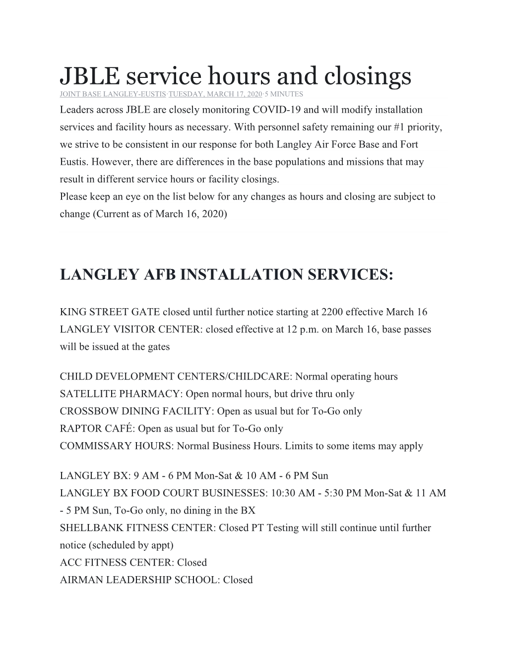 JBLE Service Hours and Closings