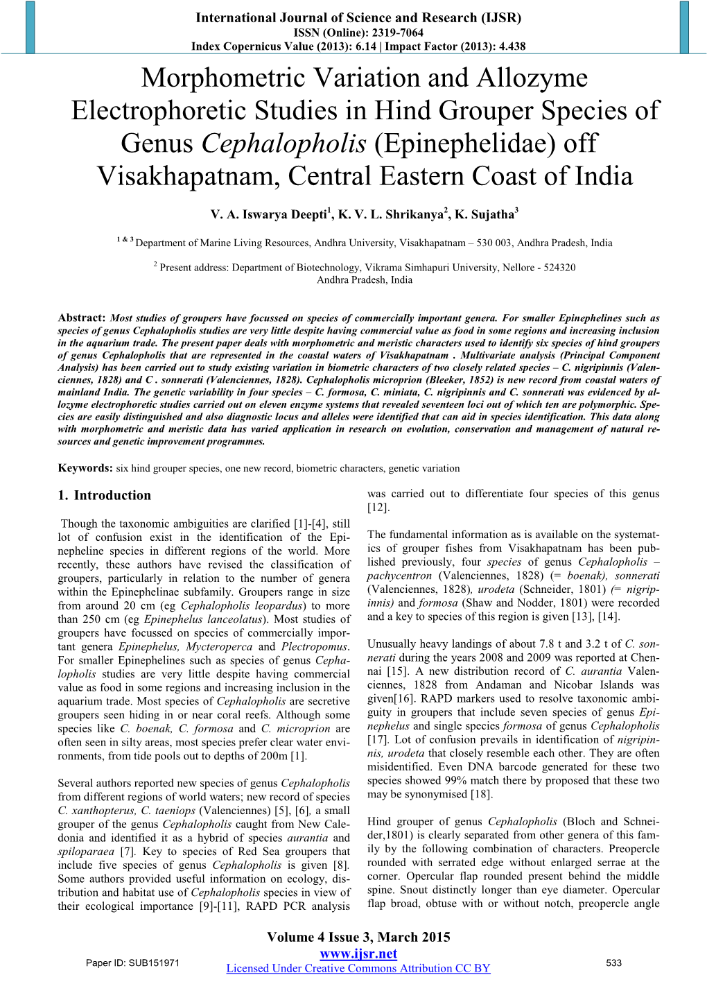 Morphometric Variation and Allozyme Electrophoretic Studies in Hind