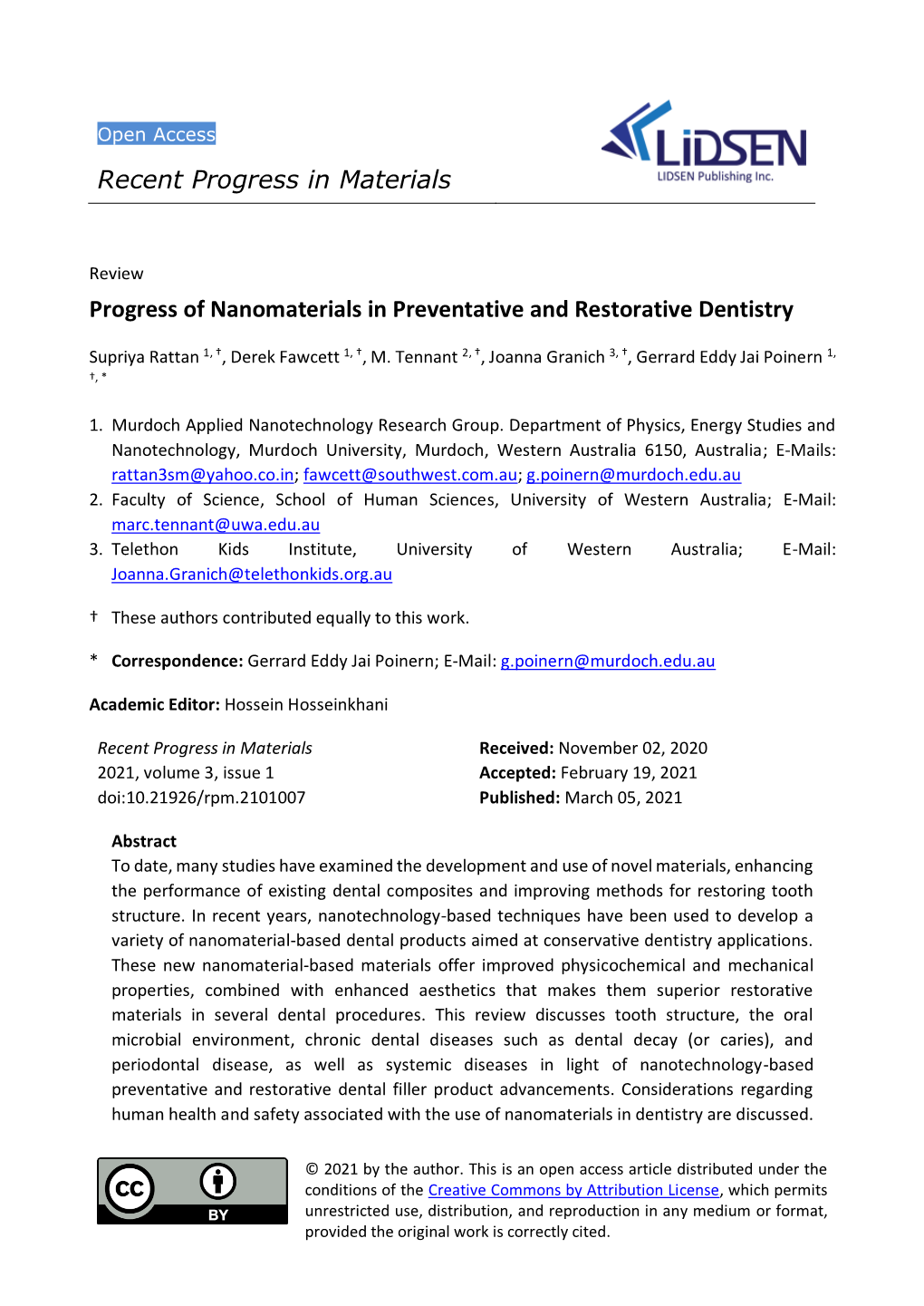 Recent Progress in Materials Progress of Nanomaterials in Preventative and Restorative Dentistry