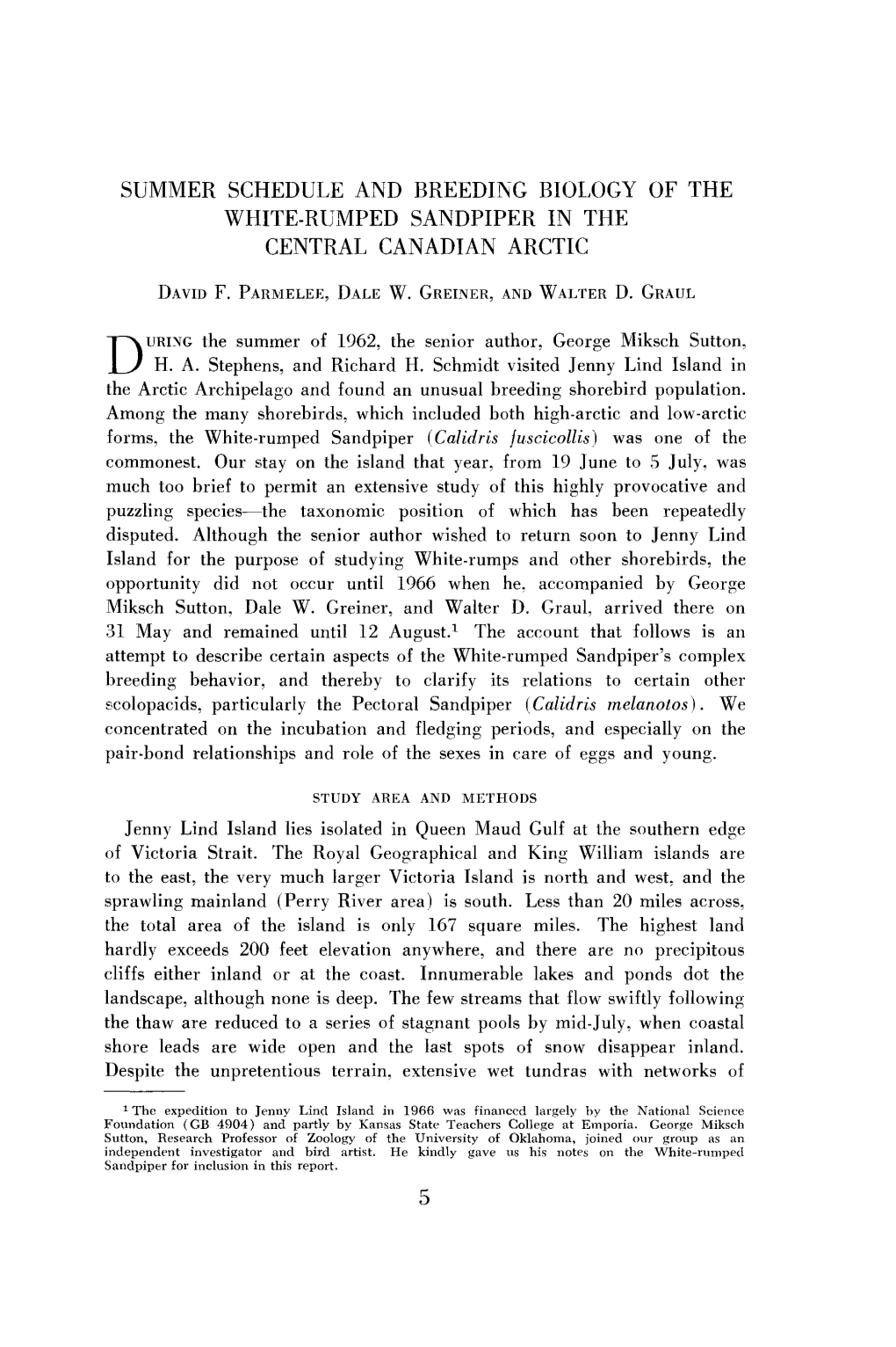 Summer Schedule and Breeding Biology of the White-Rumped Sandpiper in the Central Canadian Arctic