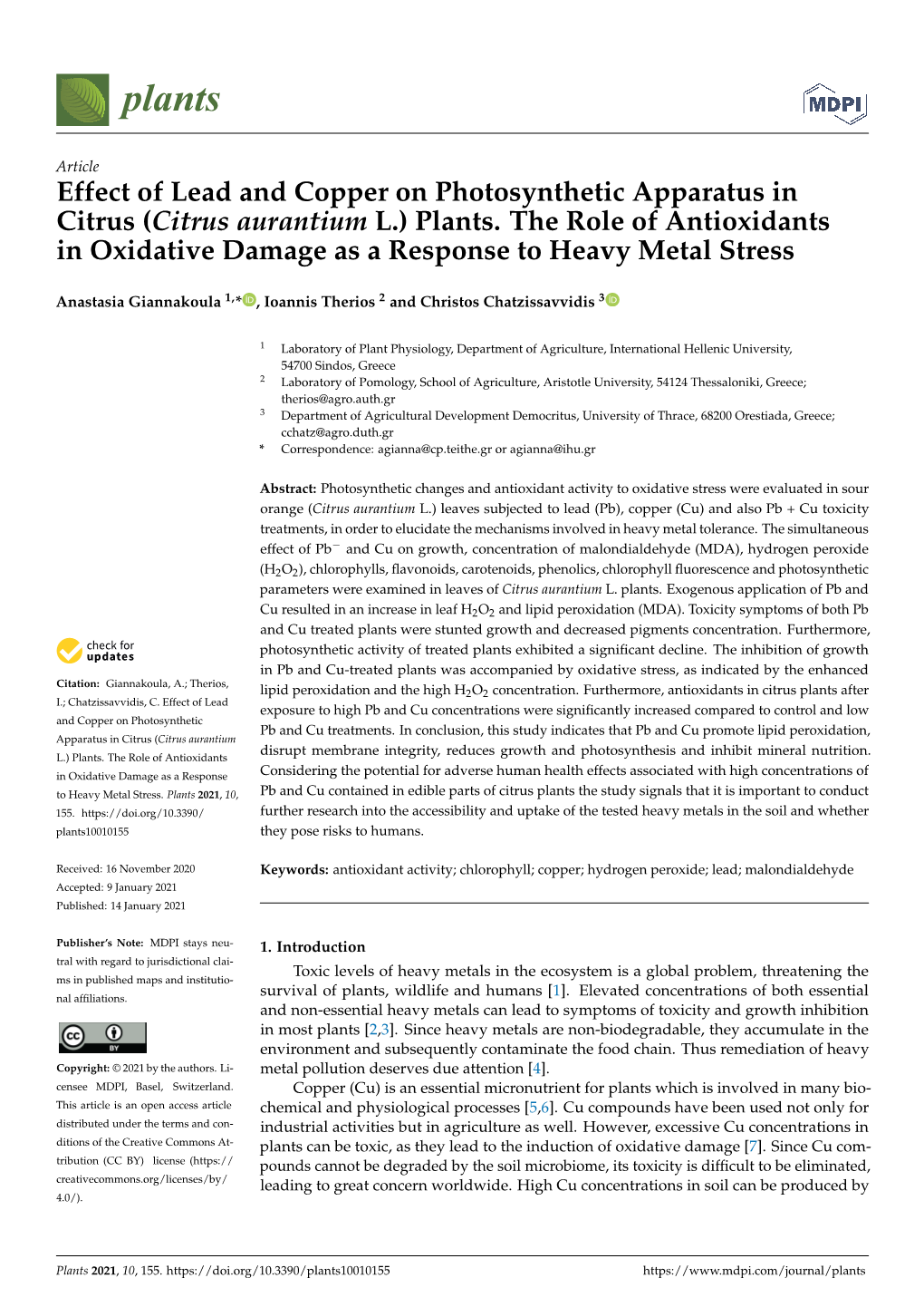 Effect of Lead and Copper on Photosynthetic Apparatus in Citrus (Citrus Aurantium L.) Plants