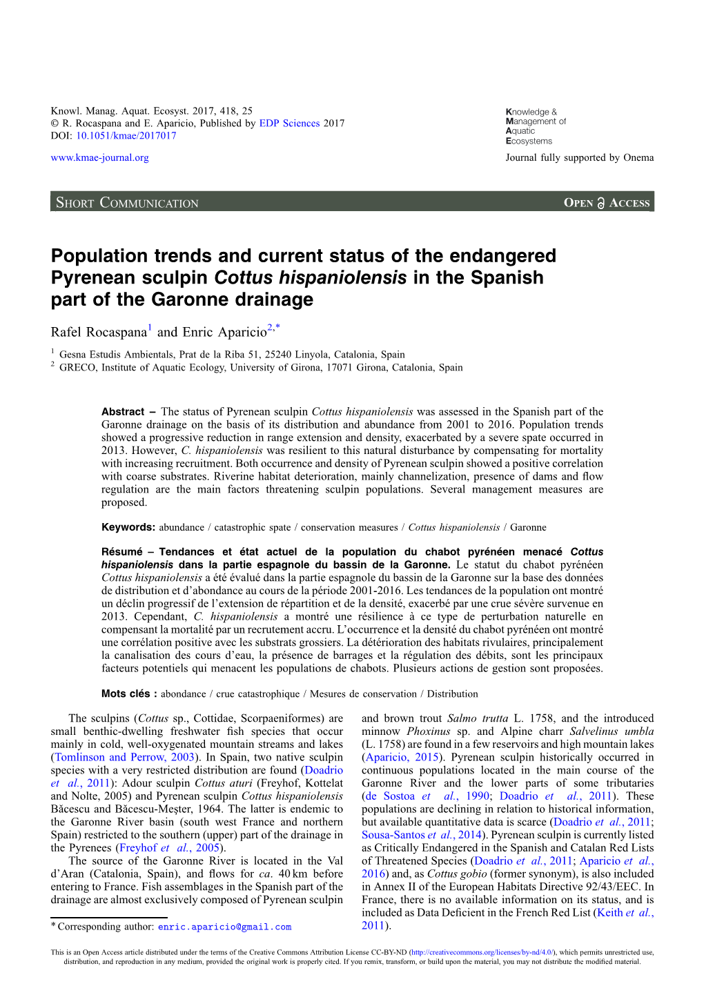 Population Trends and Current Status of the Endangered Pyrenean Sculpin Cottus Hispaniolensis in the Spanish Part of the Garonne Drainage