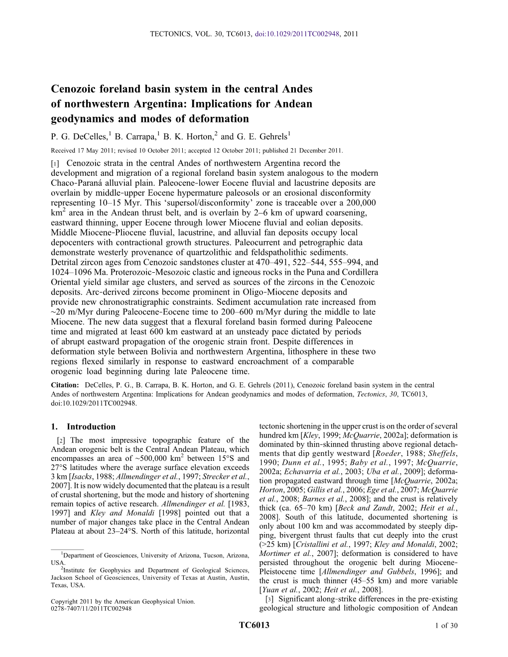 Cenozoic Foreland Basin System in the Central Andes of Northwestern Argentina: Implications for Andean Geodynamics and Modes of Deformation P