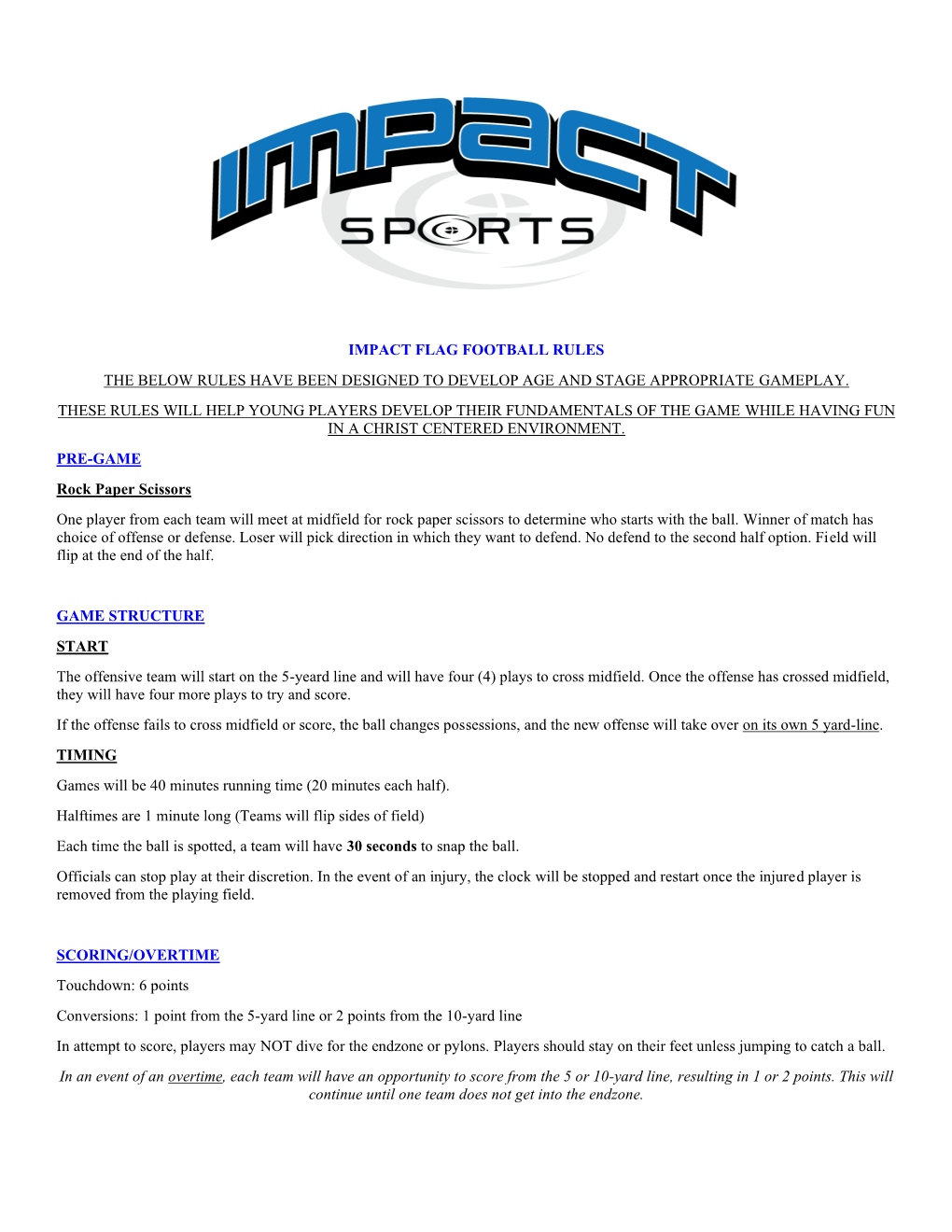 Impact Flag Football Rules the Below Rules Have Been Designed to Develop Age and Stage Appropriate Gameplay. These Rules Will H