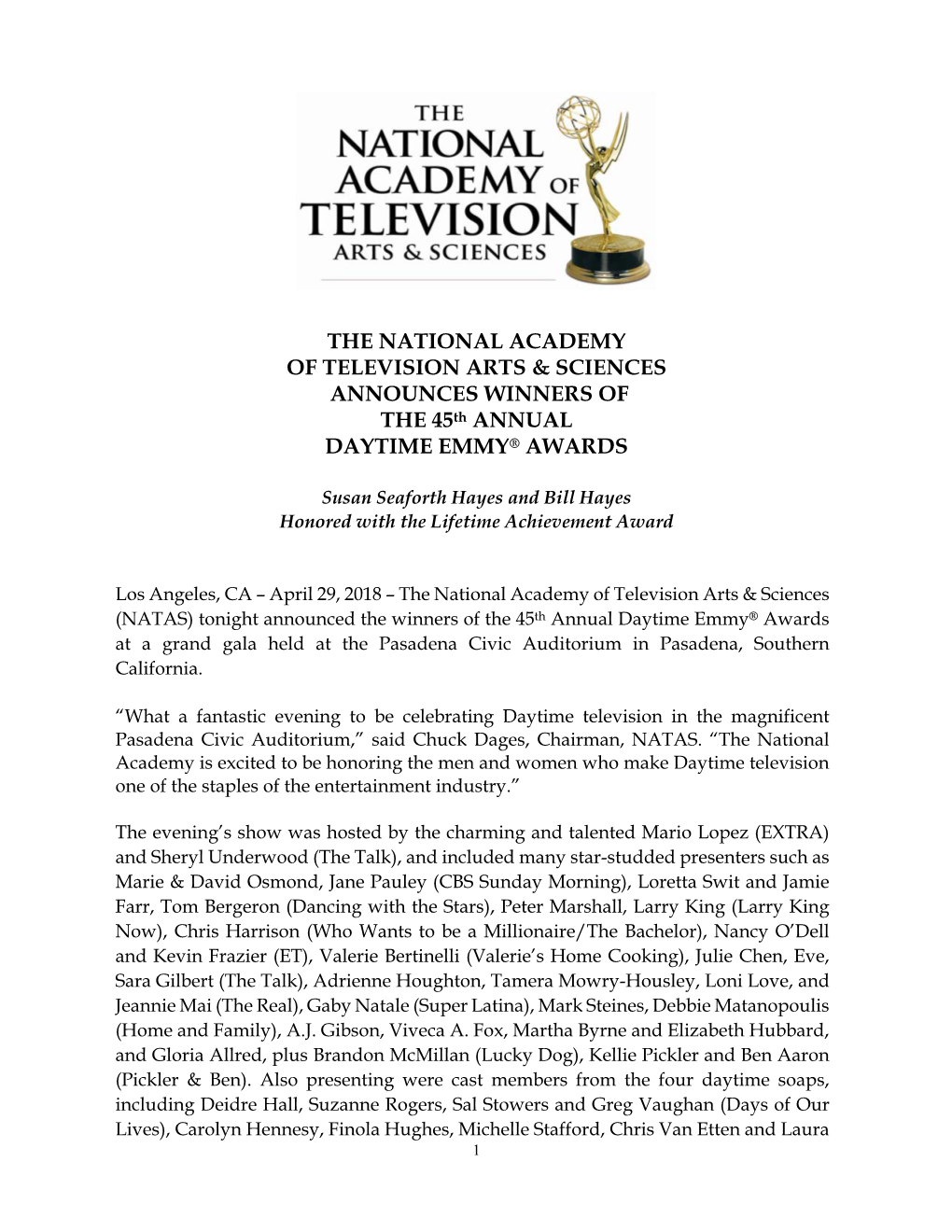 THE NATIONAL ACADEMY of TELEVISION ARTS & SCIENCES ANNOUNCES WINNERS of the 45Th ANNUAL DAYTIME EMMY® AWARDS