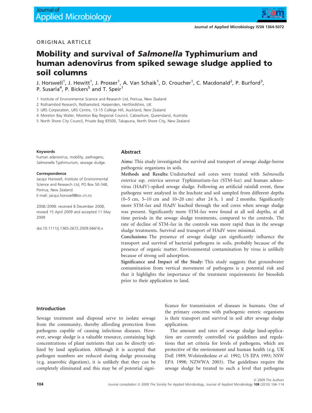 Mobility and Survival of Salmonella Typhimurium and Human Adenovirus from Spiked Sewage Sludge Applied to Soil Columns J