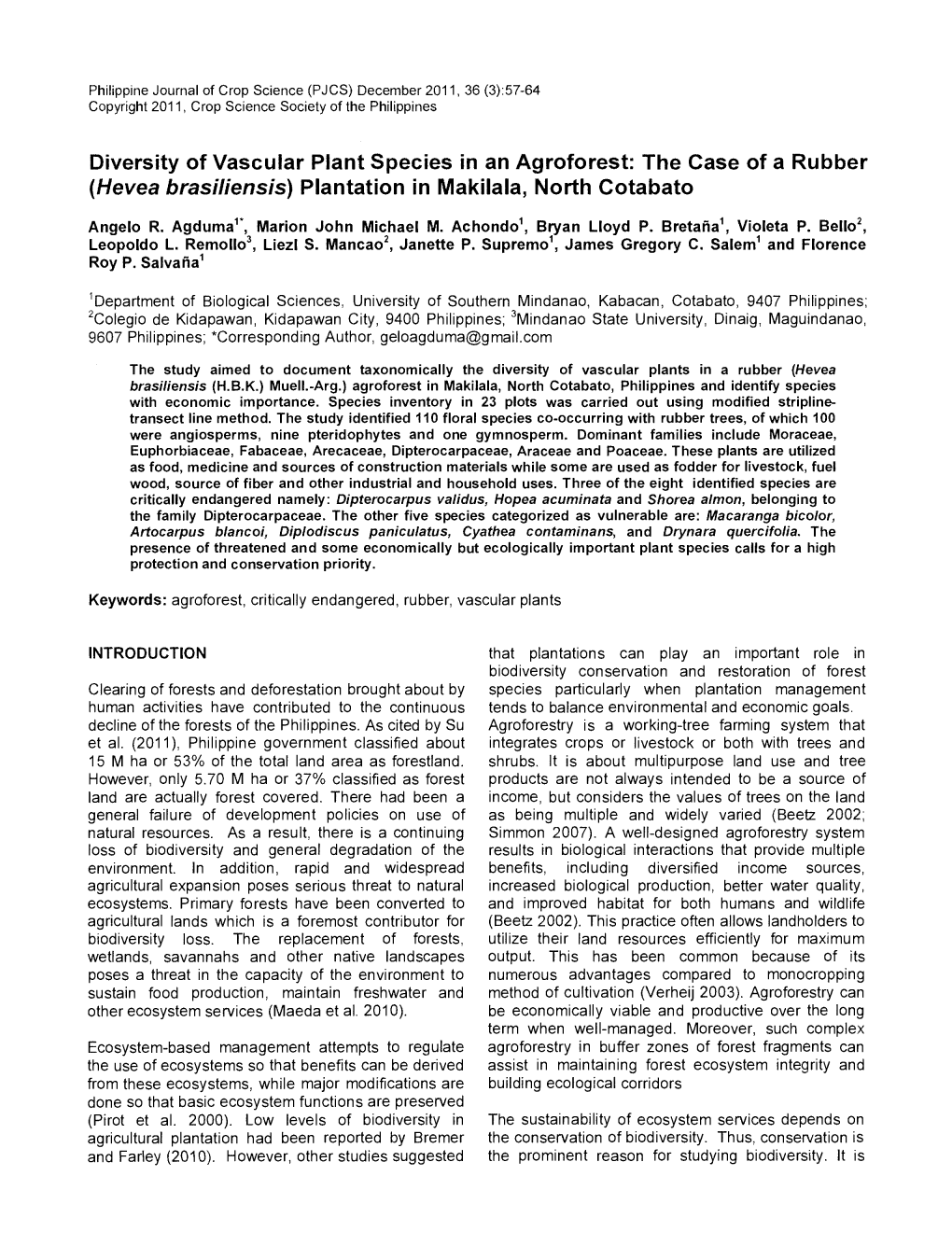 Diversity of Vascular Plant Species in an Agroforest: the Case of a Rubber (Hevea Brasiliensis) Plantation in Makilala, North Cotabato