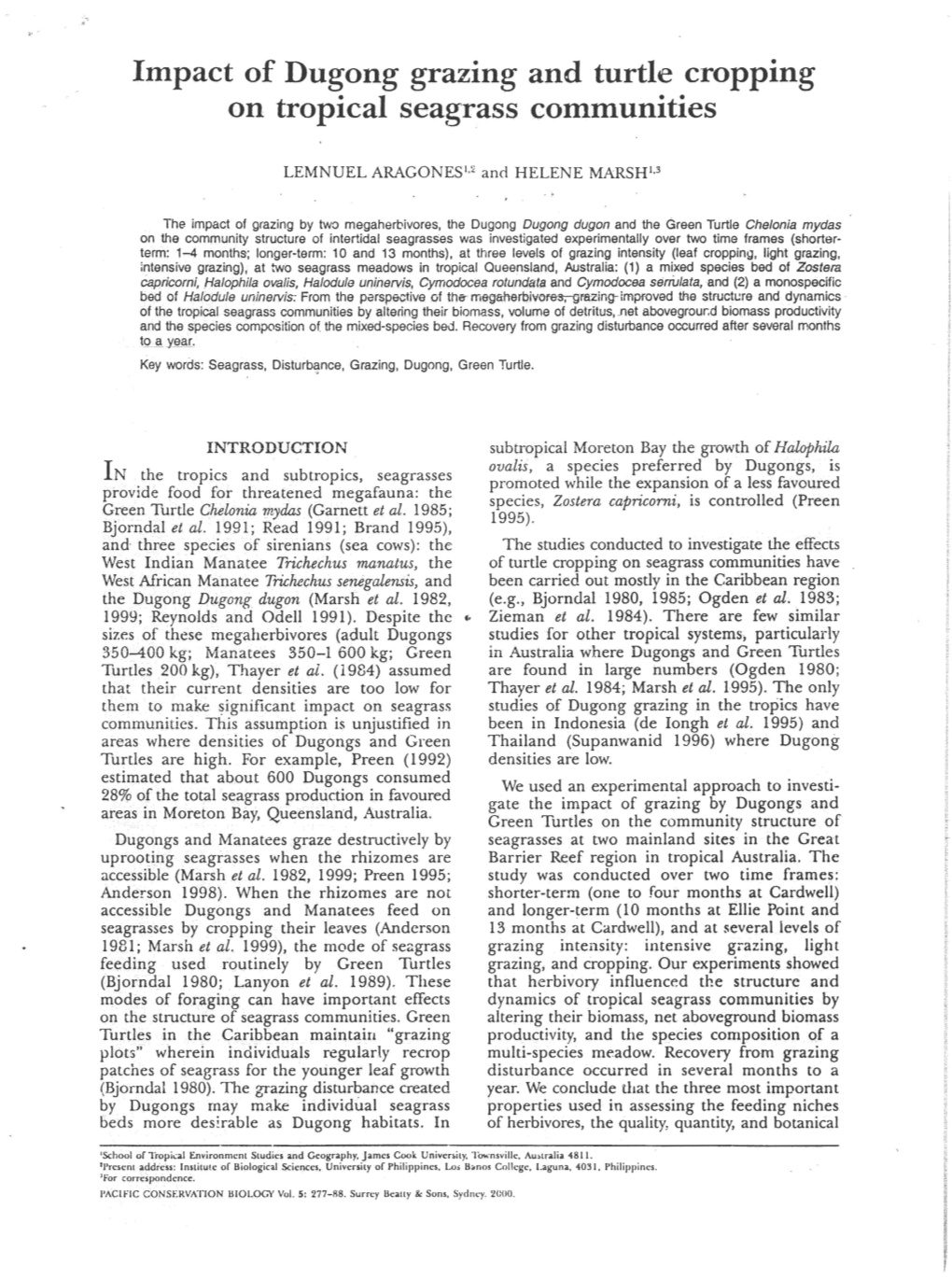 Impact of Dugong Grazing and Turtle Cropping on Tropical Seagrass Communities