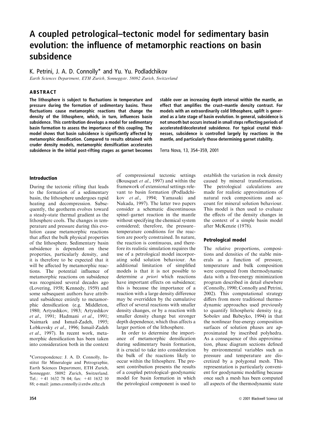 A Coupled Petrological±Tectonic Model for Sedimentary Basin Evolution: the In¯Uence of Metamorphic Reactions on Basin Subsidence