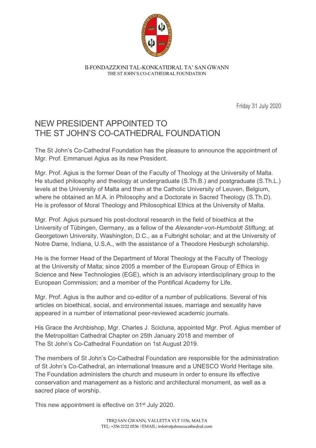 VIEW / DOWNLOAD 31St July 2020 New President Appointed to the St