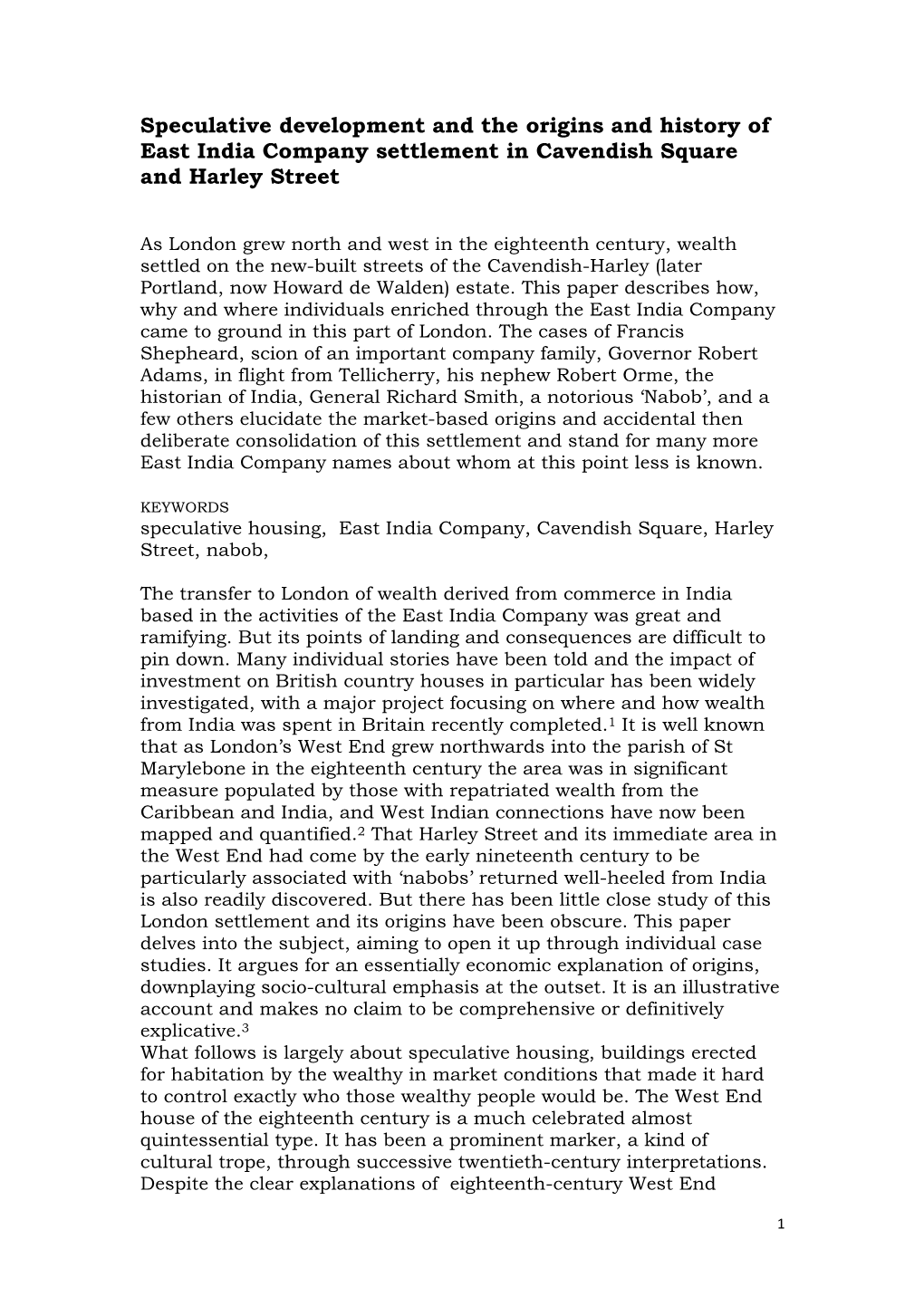 Speculative Development and the Origins and History of East India Company Settlement in Cavendish Square and Harley Street