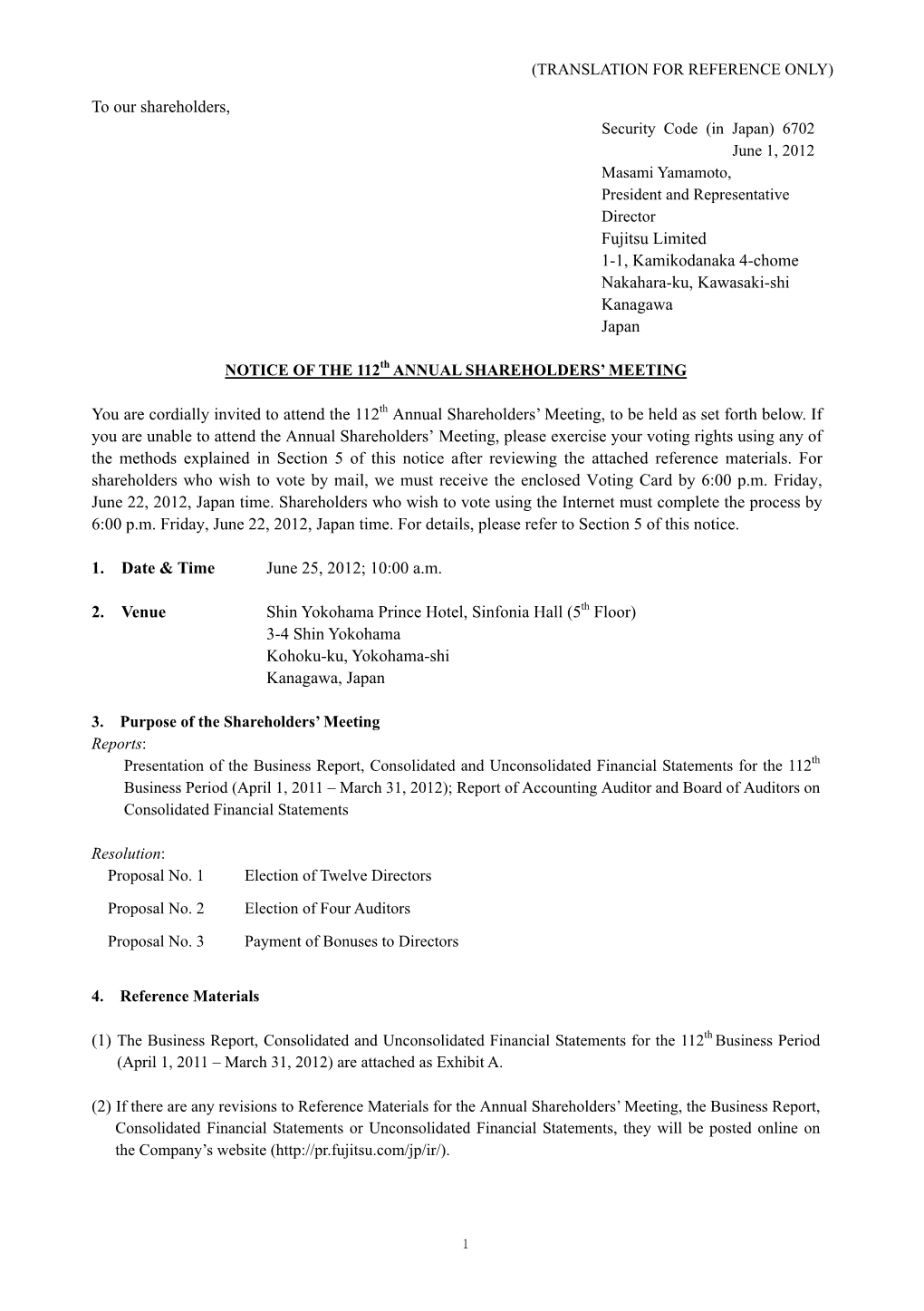 NOTICE of the 112Th ANNUAL SHAREHOLDERS' MEETING