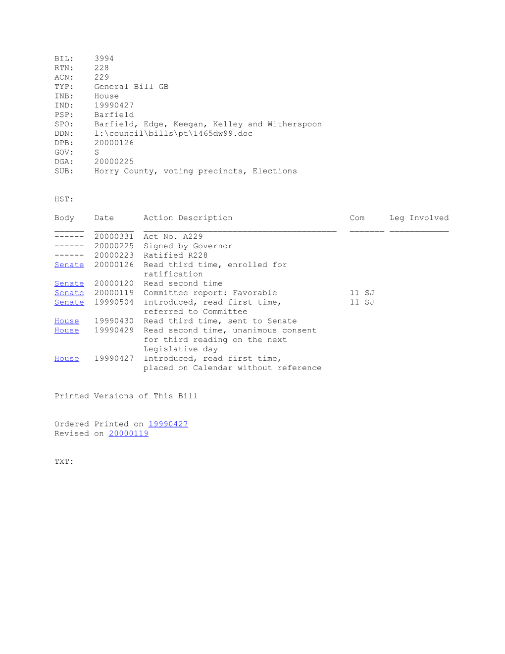 1999-2000 Bill 3994: Horry County, Voting Precincts, Elections - South Carolina Legislature