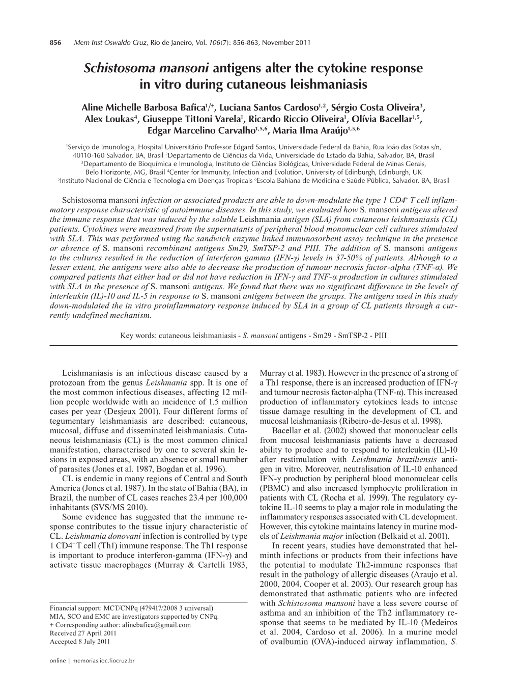 Schistosoma Mansoni Antigens Alter the Cytokine Response in Vitro During Cutaneous Leishmaniasis