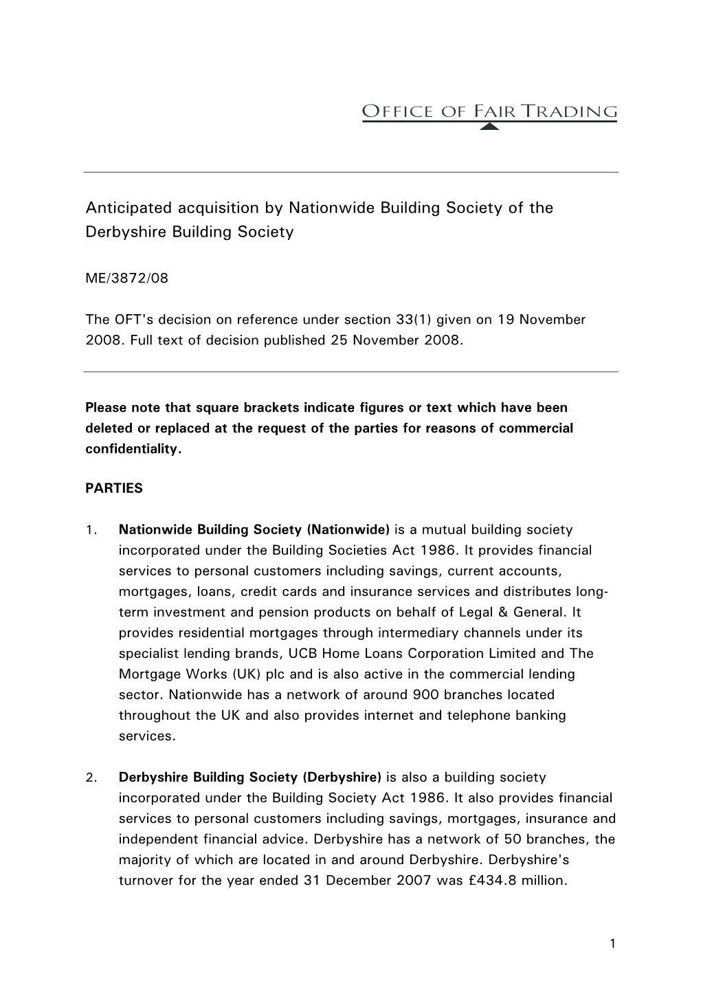 Anticipated Acquisition by Nationwide Building Society of the Derbyshire Building Society