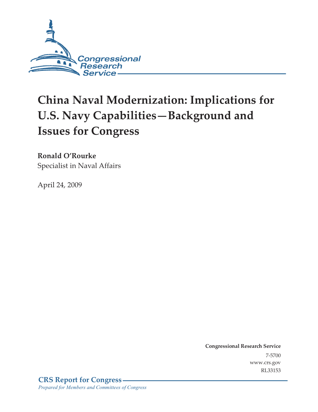 China Naval Modernization: Implications for U.S. Navy Capabilities—Background and Issues for Congress