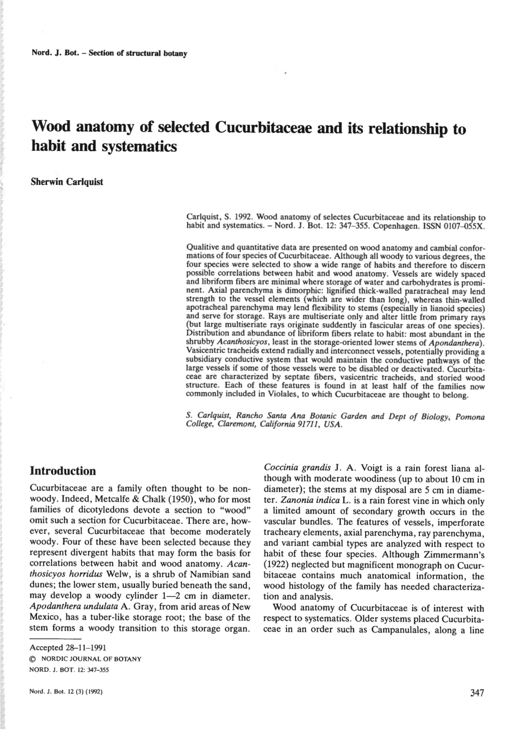 Wood Anatomy of Selected Cucurbitaceae and Its Relationship to Habit and Systematics