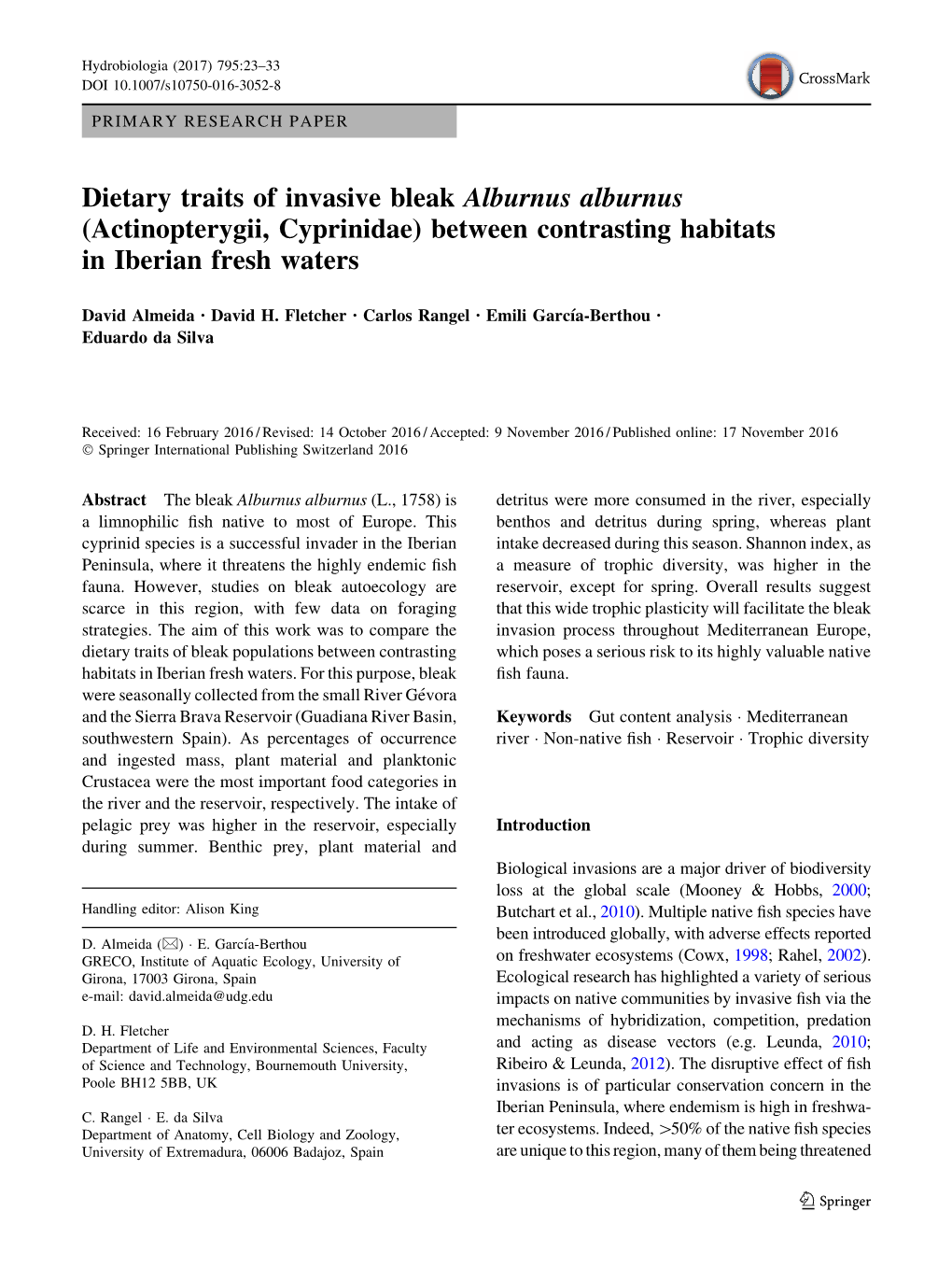 Dietary Traits of Invasive Bleak Alburnus Alburnus (Actinopterygii, Cyprinidae) Between Contrasting Habitats in Iberian Fresh Waters