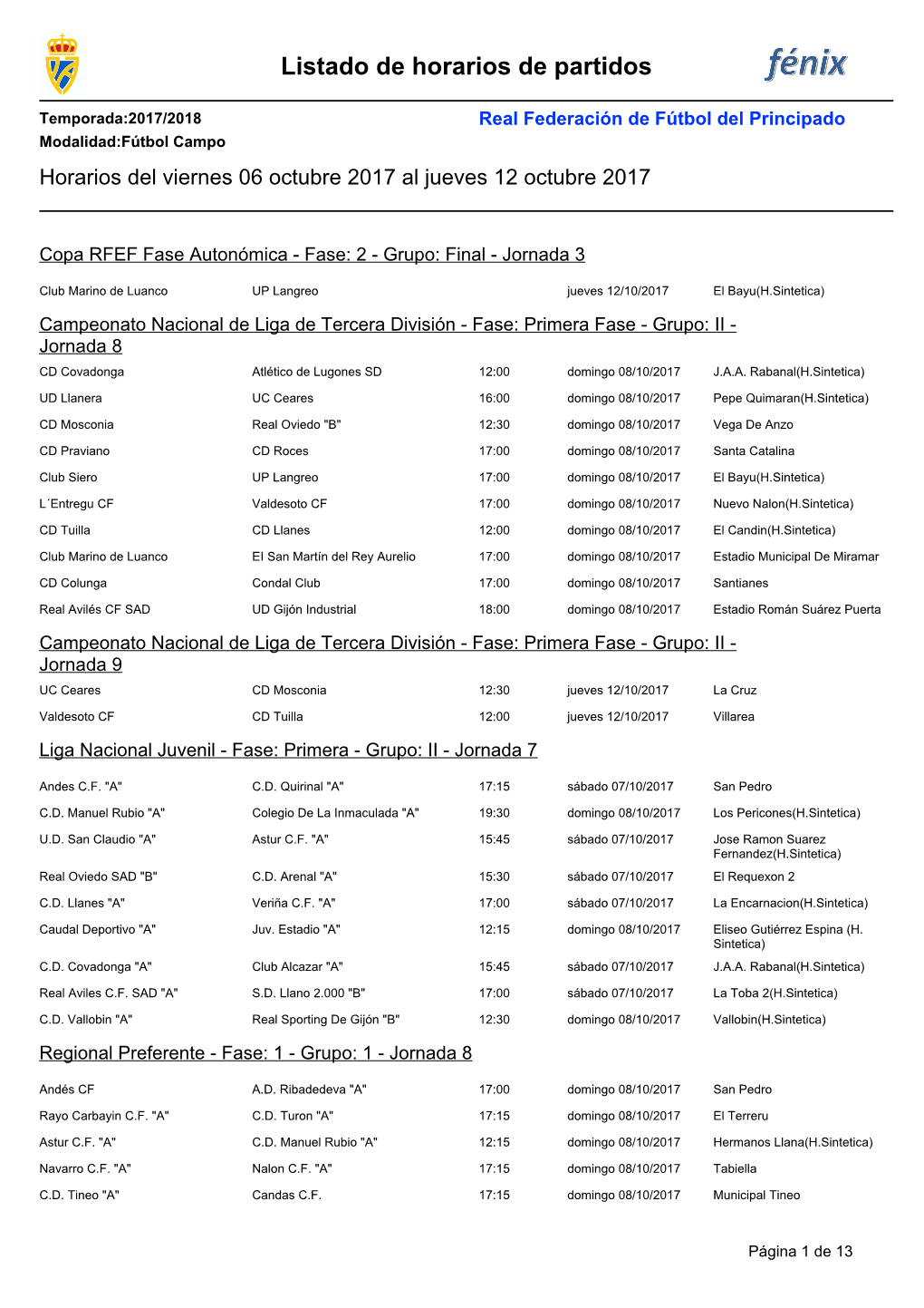 Listado De Horarios De Partidos