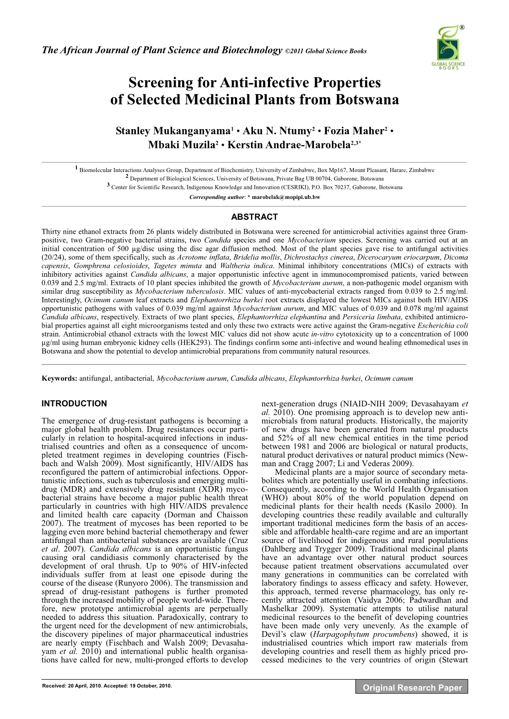 Screening for Anti-Infective Properties of Selected Medicinal Plants from Botswana