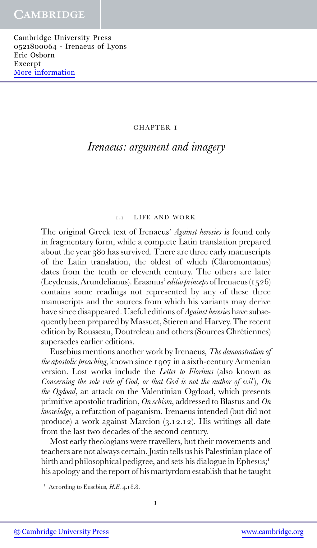 Irenaeus of Lyons Eric Osborn Excerpt More Information