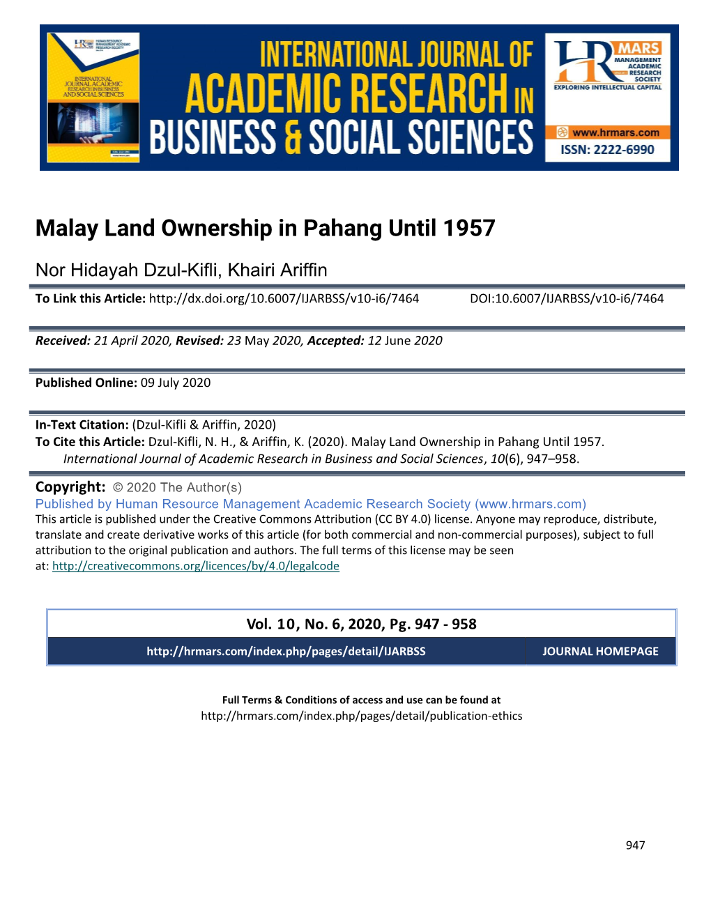 Malay Land Ownership in Pahang Until 1957