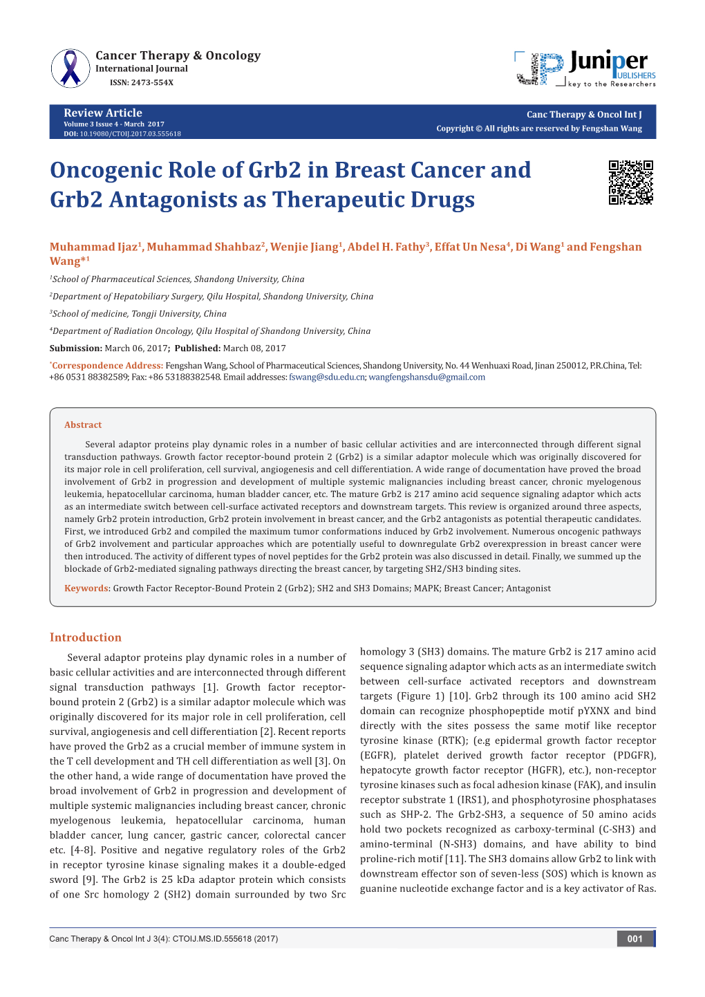 Oncogenic Role of Grb2 in Breast Cancer and Grb2 Antagonists As Therapeutic Drugs