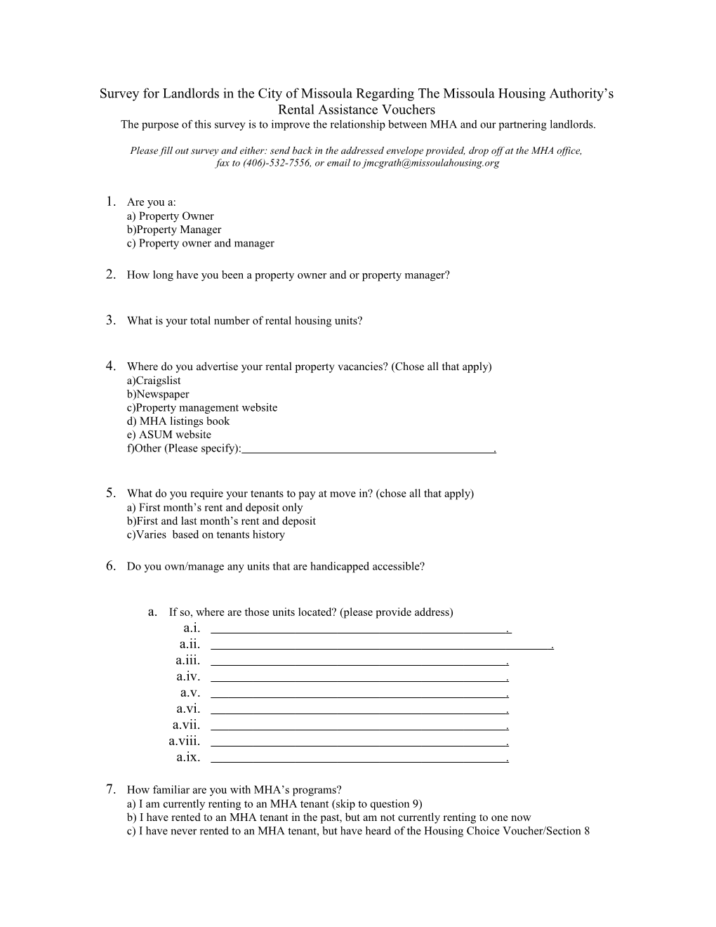 Survey for Landlords in the City of Missoula Regarding the Missoula Housing Authority S