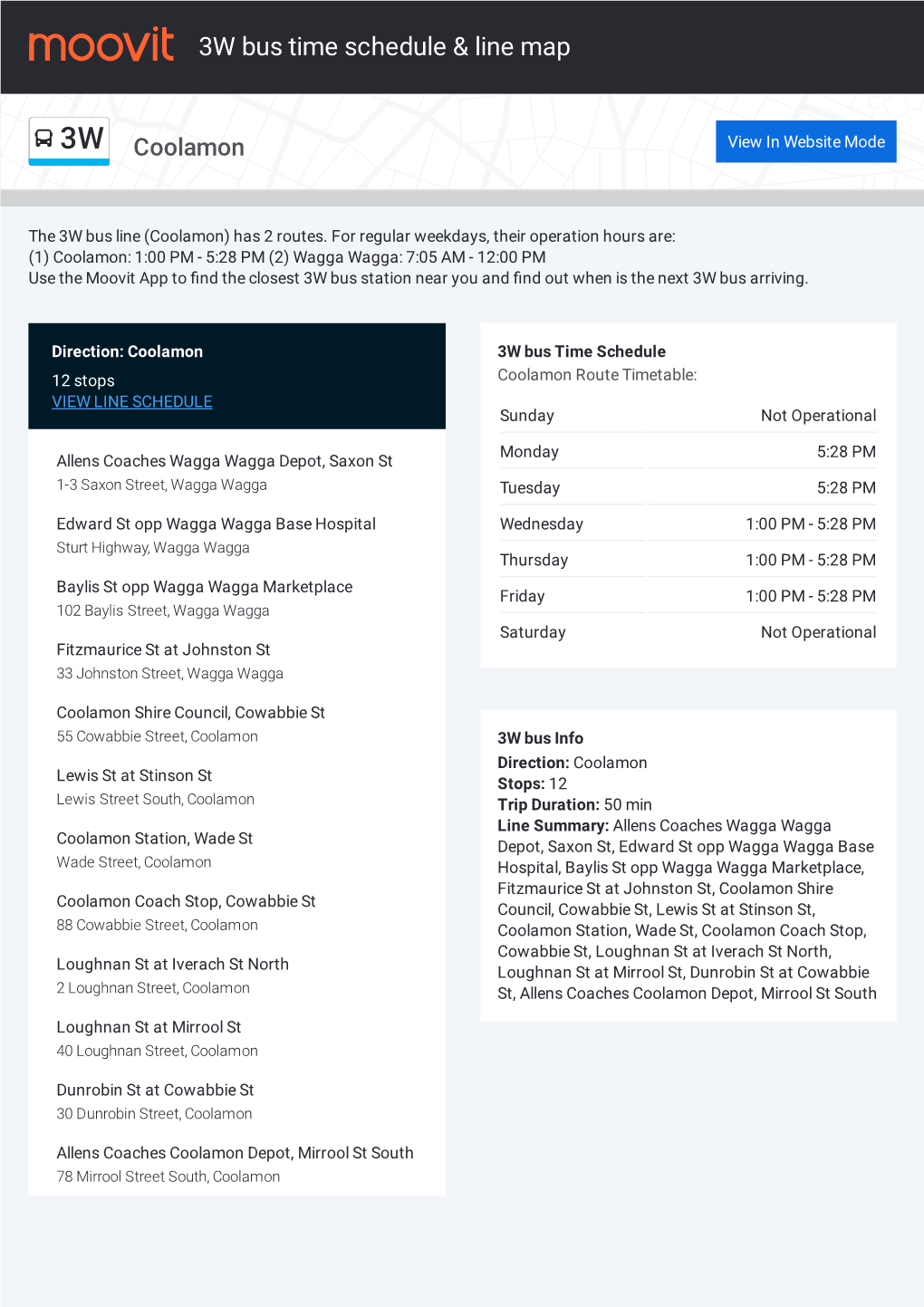 3W Bus Time Schedule & Line Route